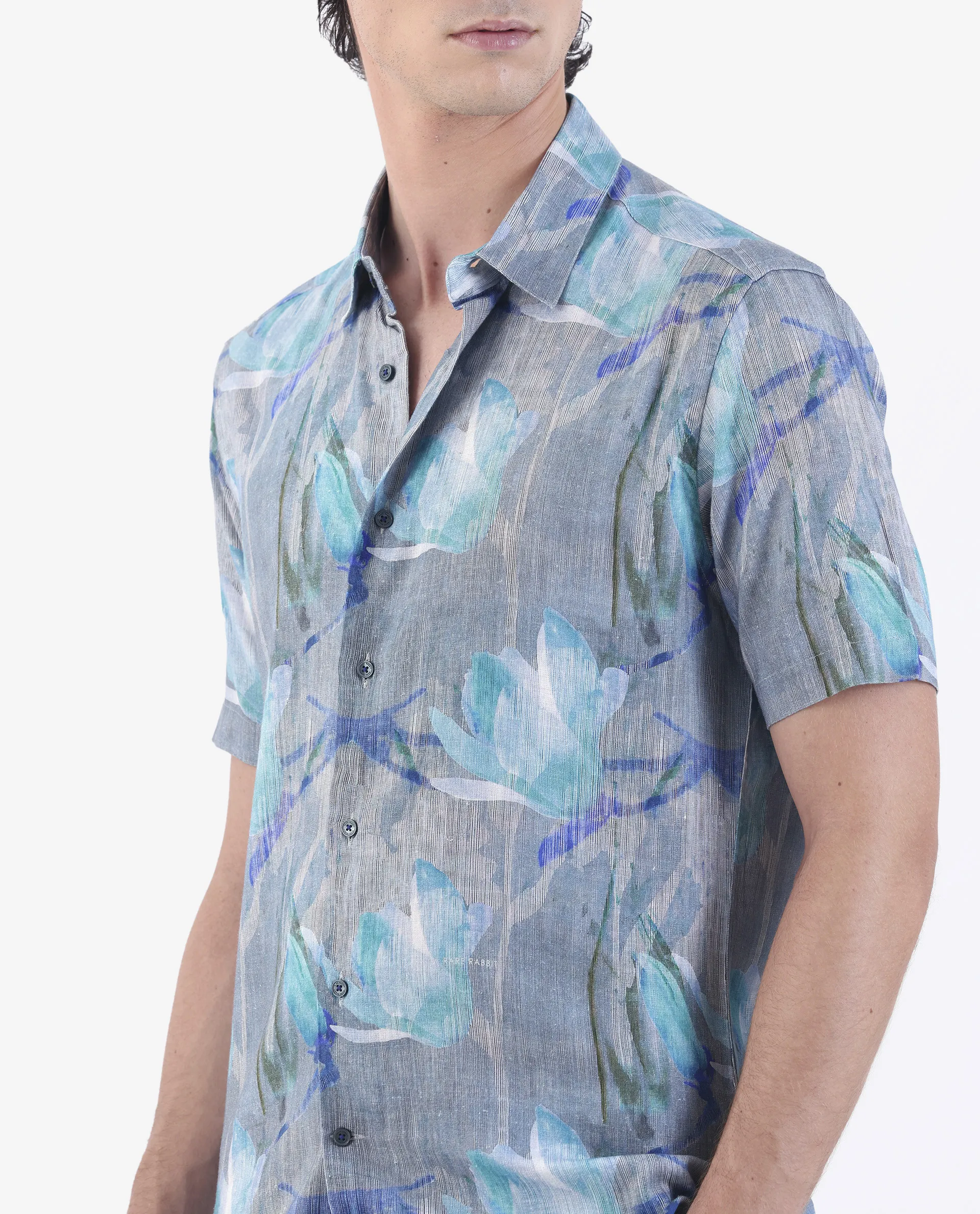 Rare Rabbit Men's Luken Blue 100% Linen Floral Print Regular Fit Half Sleeve Collared Shirt - Image 3