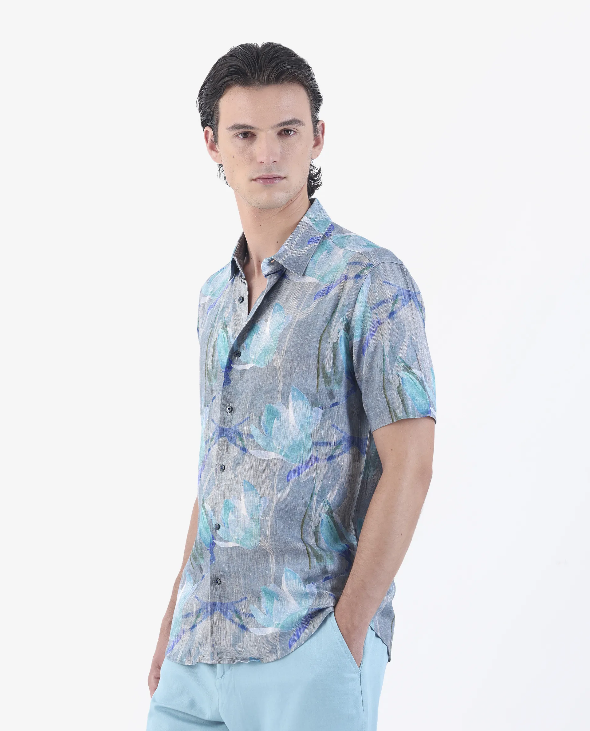 Rare Rabbit Men's Luken Blue 100% Linen Floral Print Regular Fit Half Sleeve Collared Shirt - Image 5