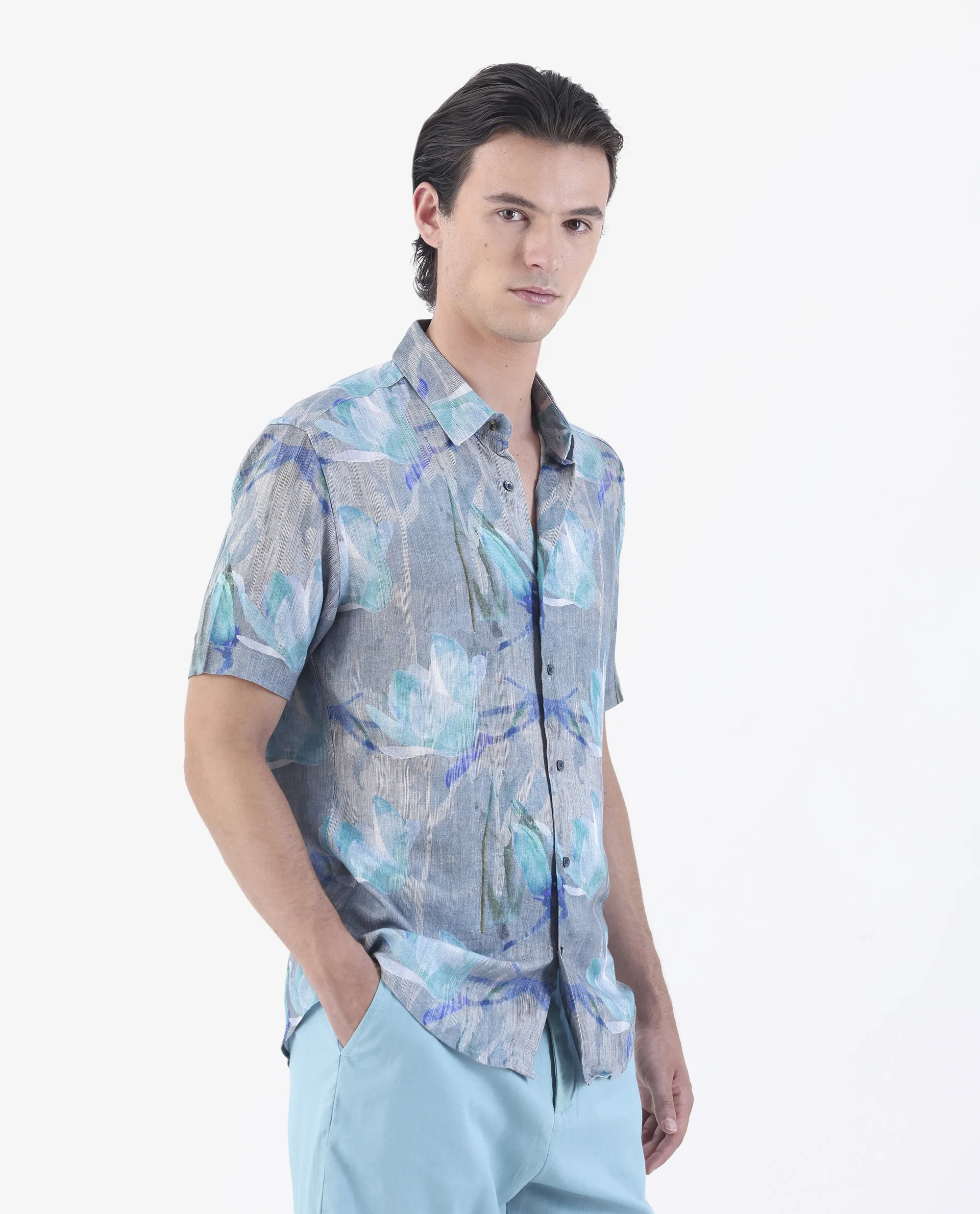 Rare Rabbit Men's Luken Blue 100% Linen Floral Print Regular Fit Half Sleeve Collared Shirt - Image 6
