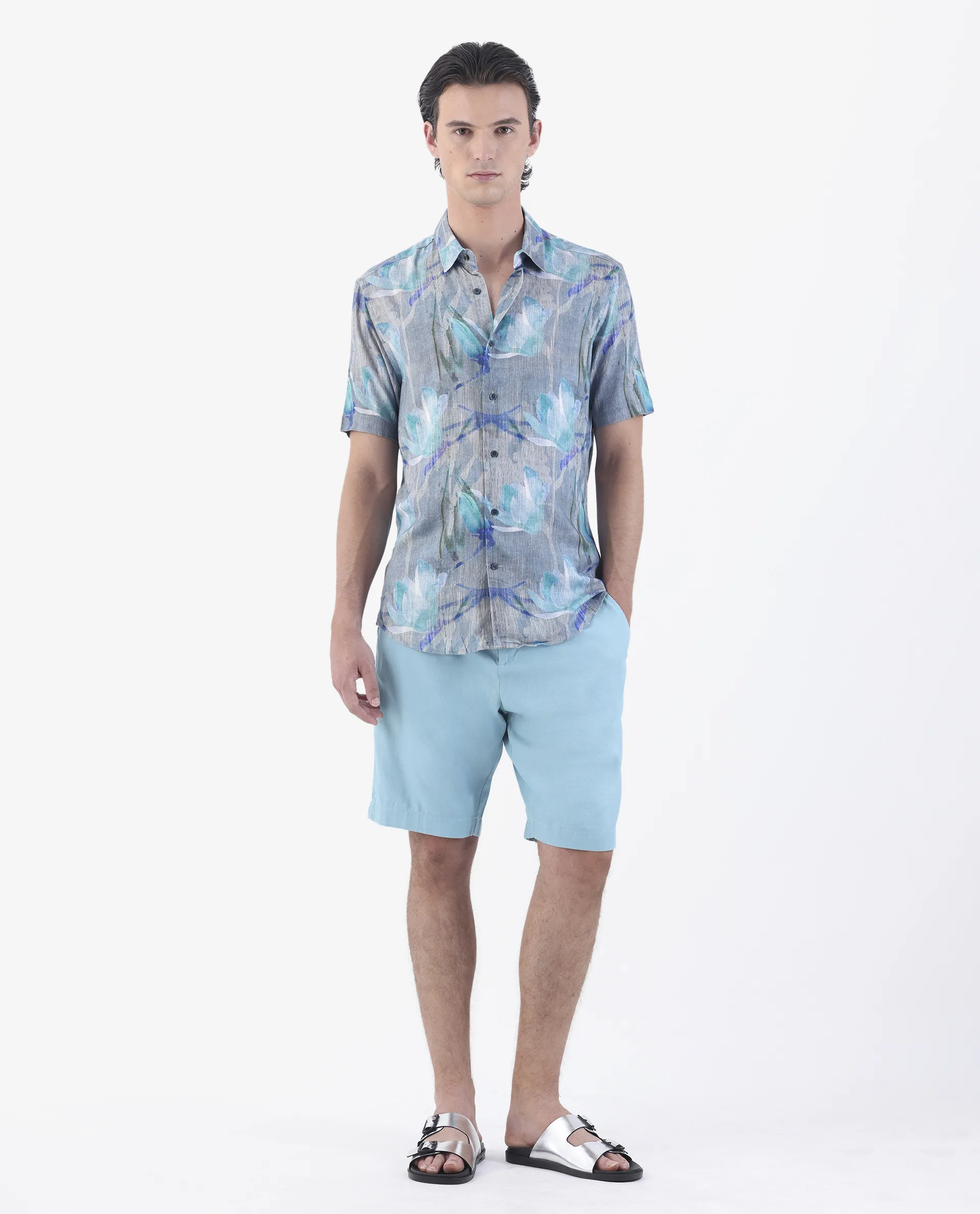 Rare Rabbit Men's Luken Blue 100% Linen Floral Print Regular Fit Half Sleeve Collared Shirt - Image 7