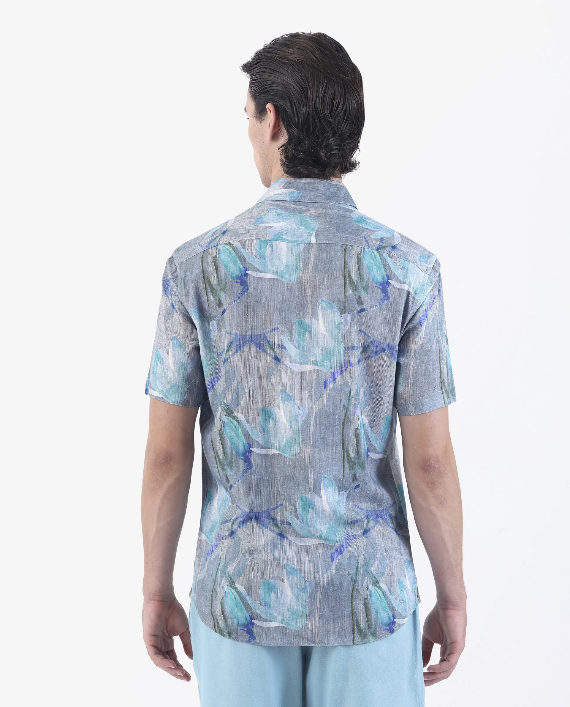 Rare Rabbit Men's Luken Blue 100% Linen Floral Print Regular Fit Half Sleeve Collared Shirt - Image 8