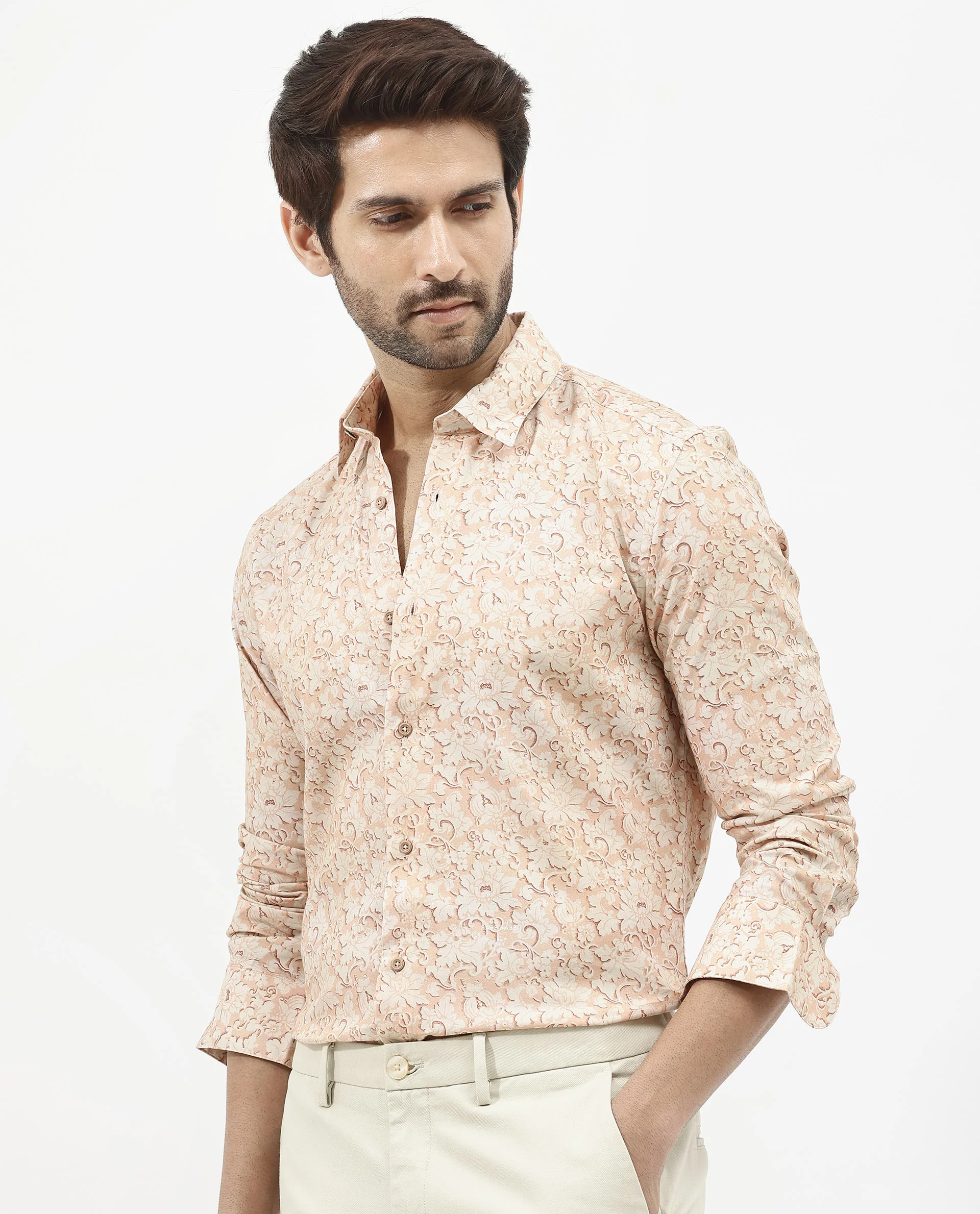 Rare Rabbit Men's Lume Dusky Orange Viscose Floral Print Regular Fit Full Sleeve Collared Shirt - Image 3