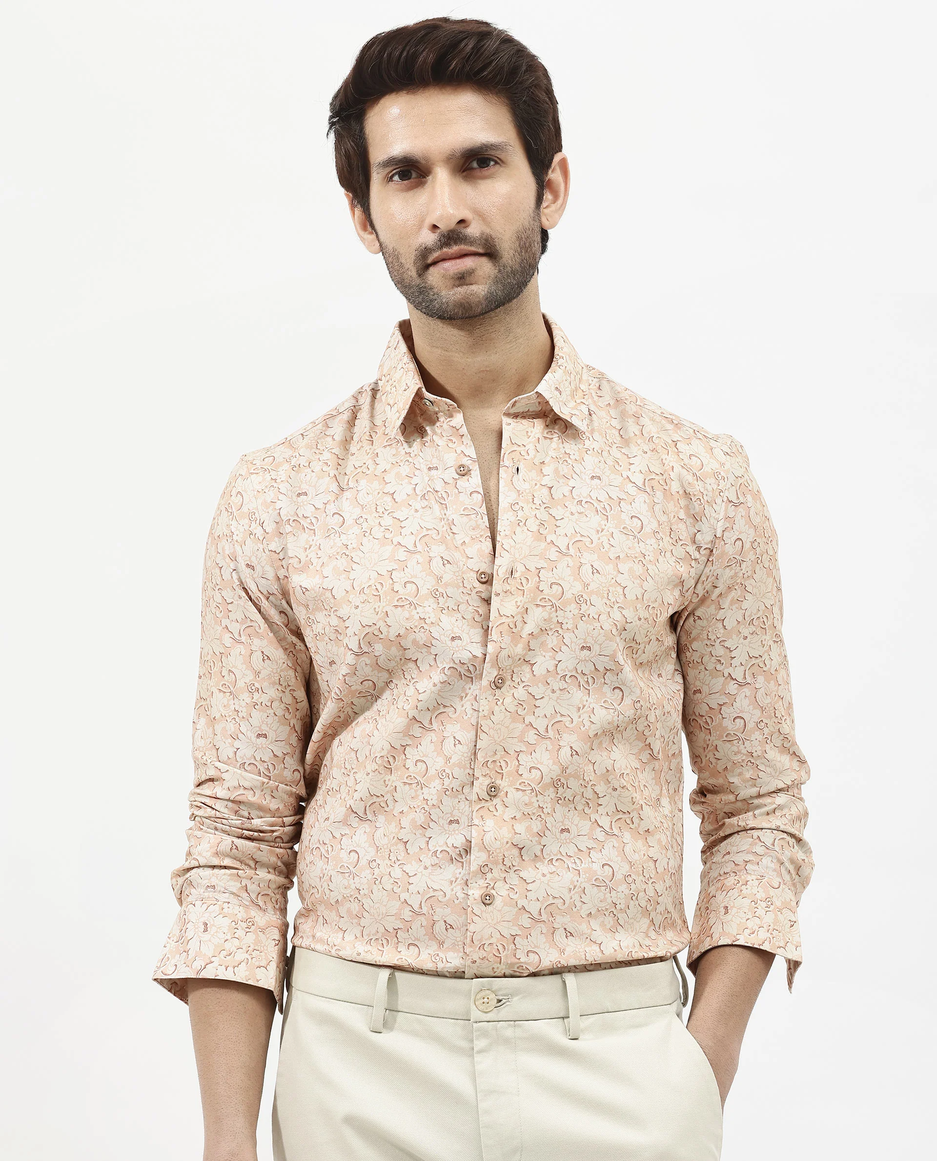Rare Rabbit Men's Lume Dusky Orange Viscose Floral Print Regular Fit Full Sleeve Collared Shirt - Image 8