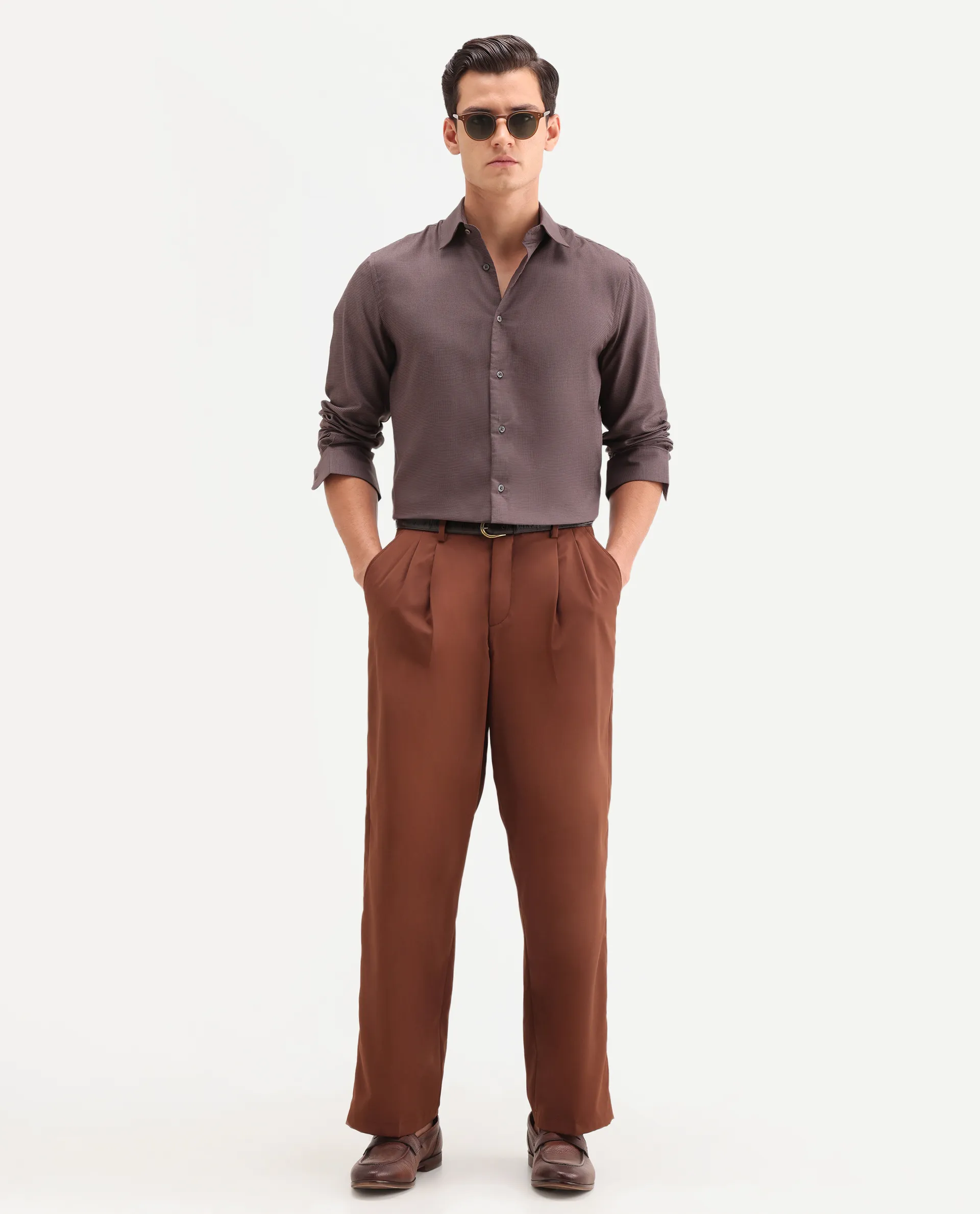 Rare Rabbit Men's Lume Maroon Tencel Fabric Full Sleeve Spread Collar Button Regular Plain Shirt - Image 2