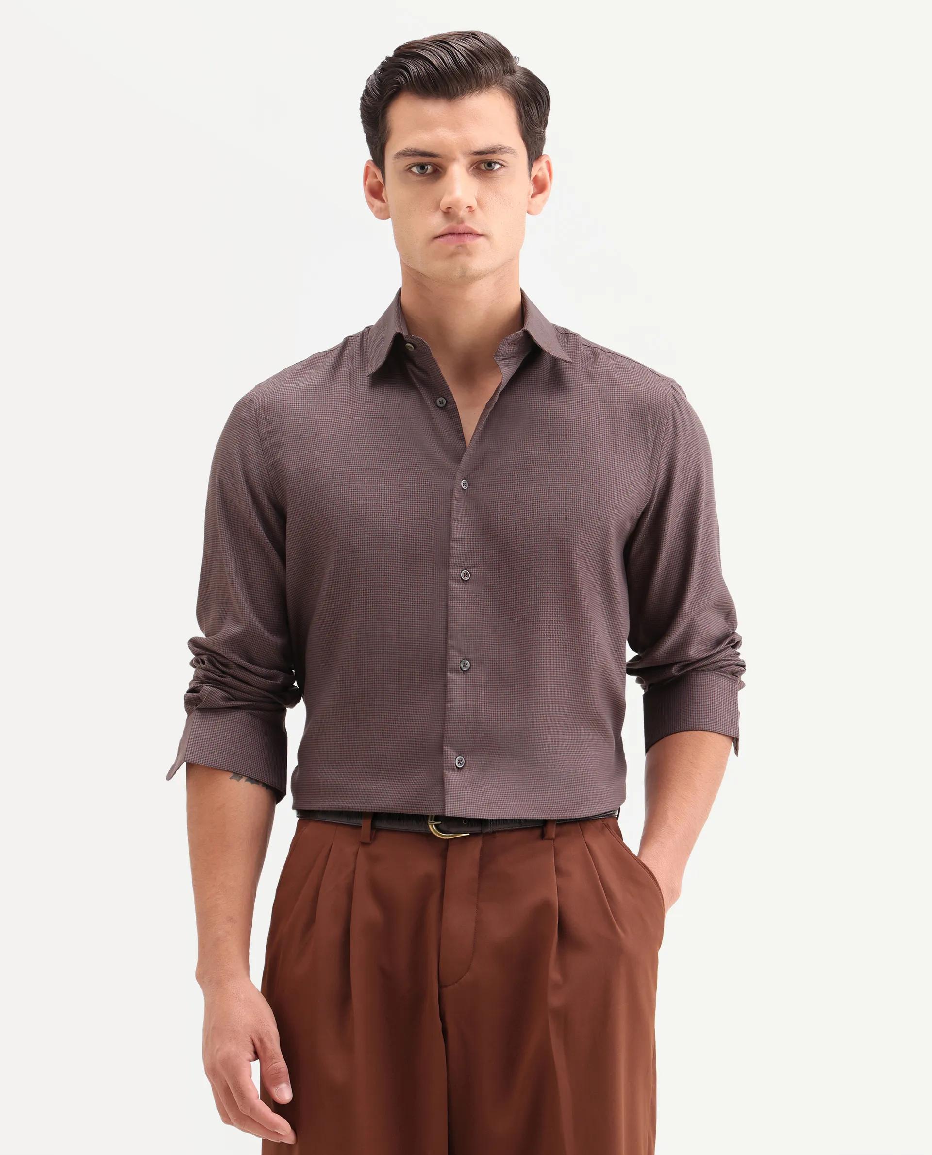 Rare Rabbit Men's Lume Maroon Tencel Fabric Full Sleeve Spread Collar Button Regular Plain Shirt - Image 4