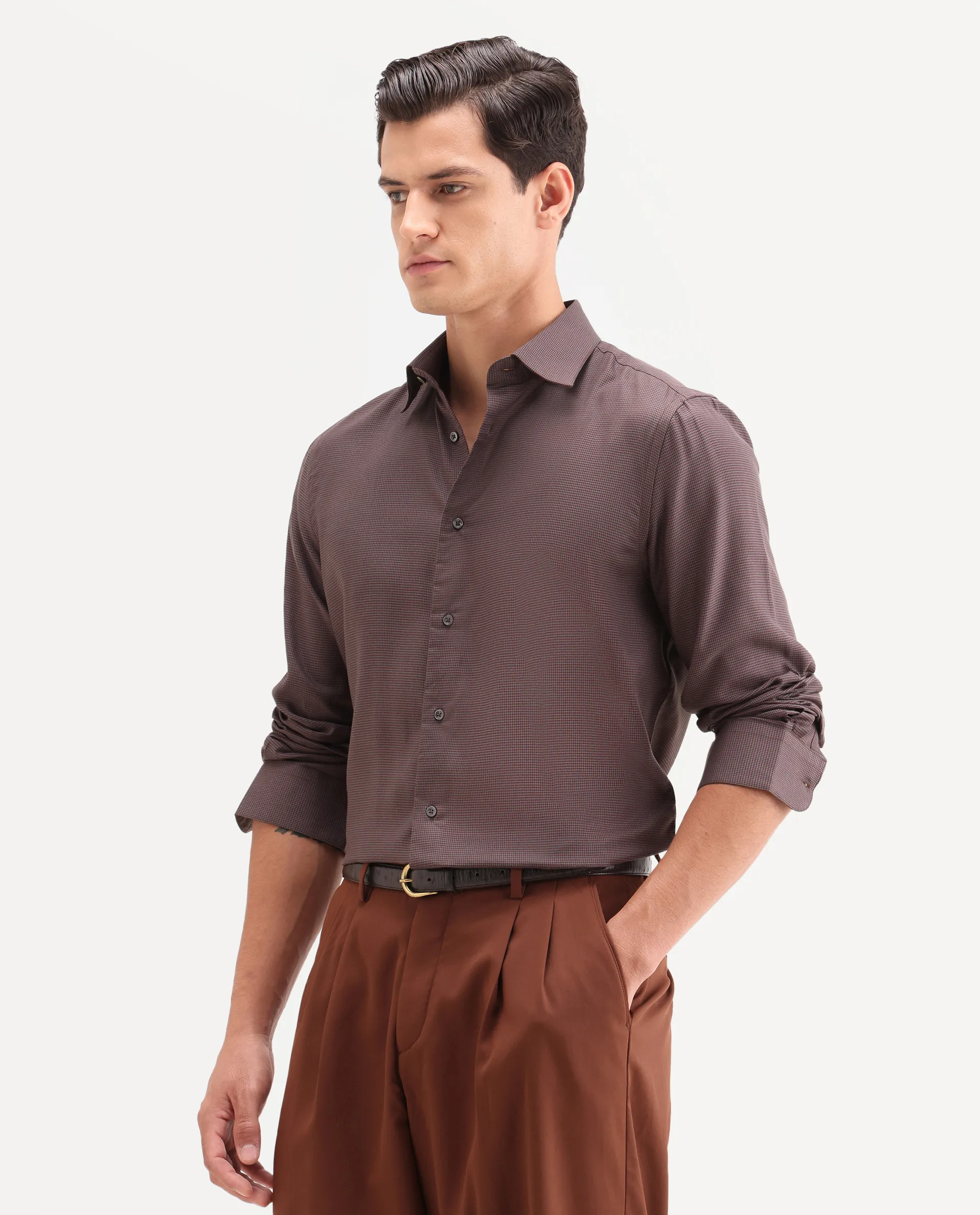 Rare Rabbit Men's Lume Maroon Tencel Fabric Full Sleeve Spread Collar Button Regular Plain Shirt - Image 5