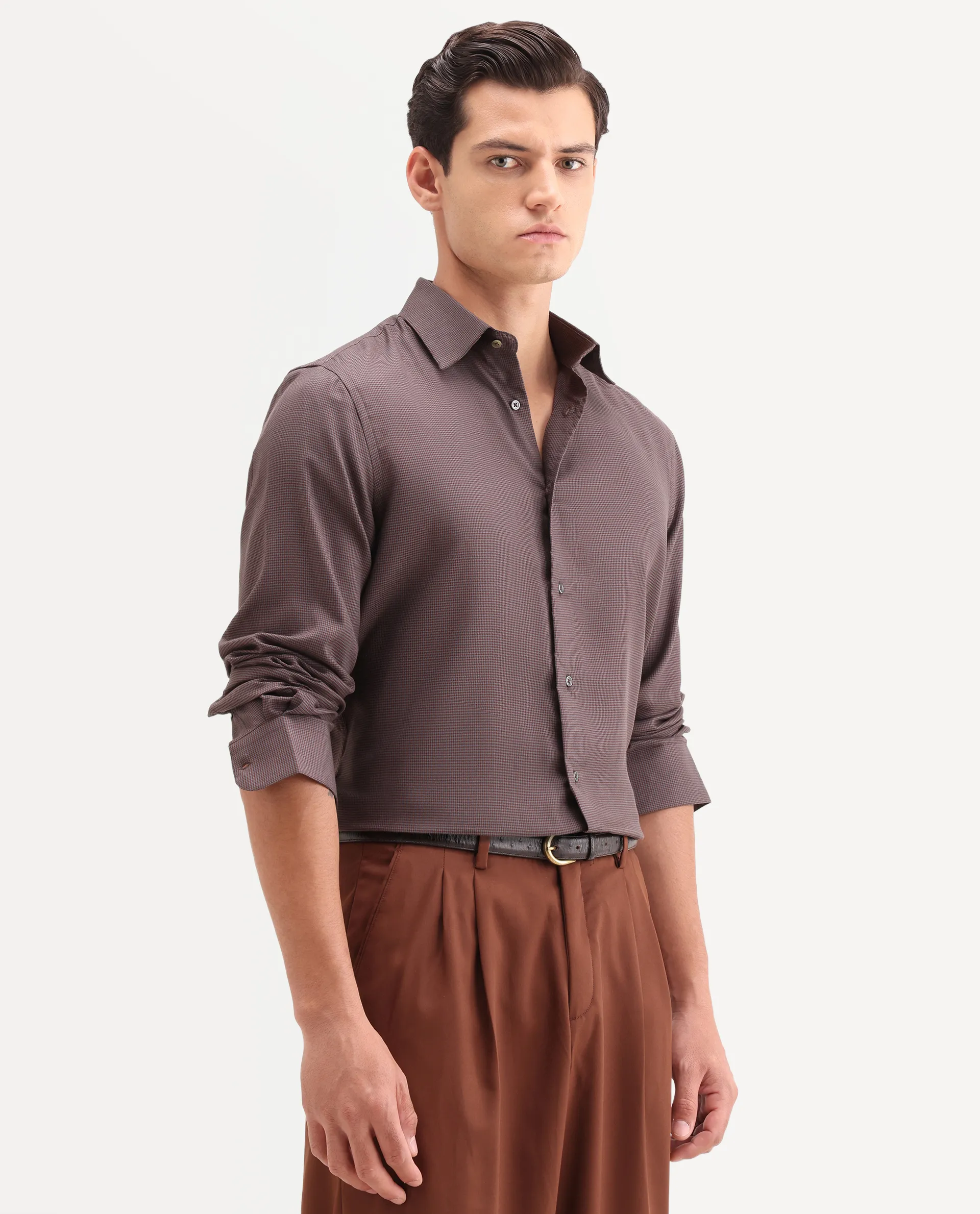 Rare Rabbit Men's Lume Maroon Tencel Fabric Full Sleeve Spread Collar Button Regular Plain Shirt - Image 6