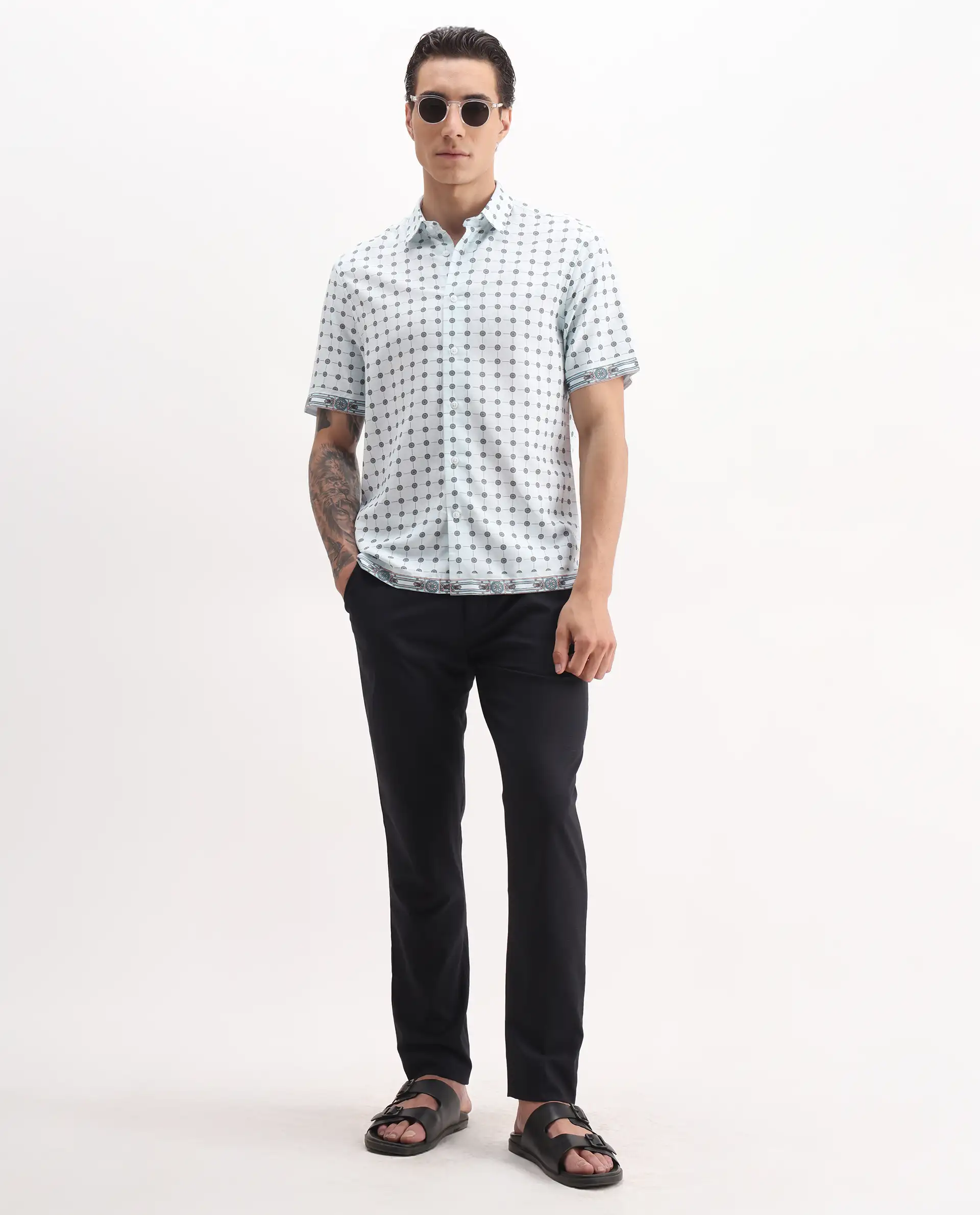 Rare Rabbit Men's Lumi Pastel Blue Cotton Blend Geometric Print Regular Fit Half Sleeve Collared Shirt - Image 2