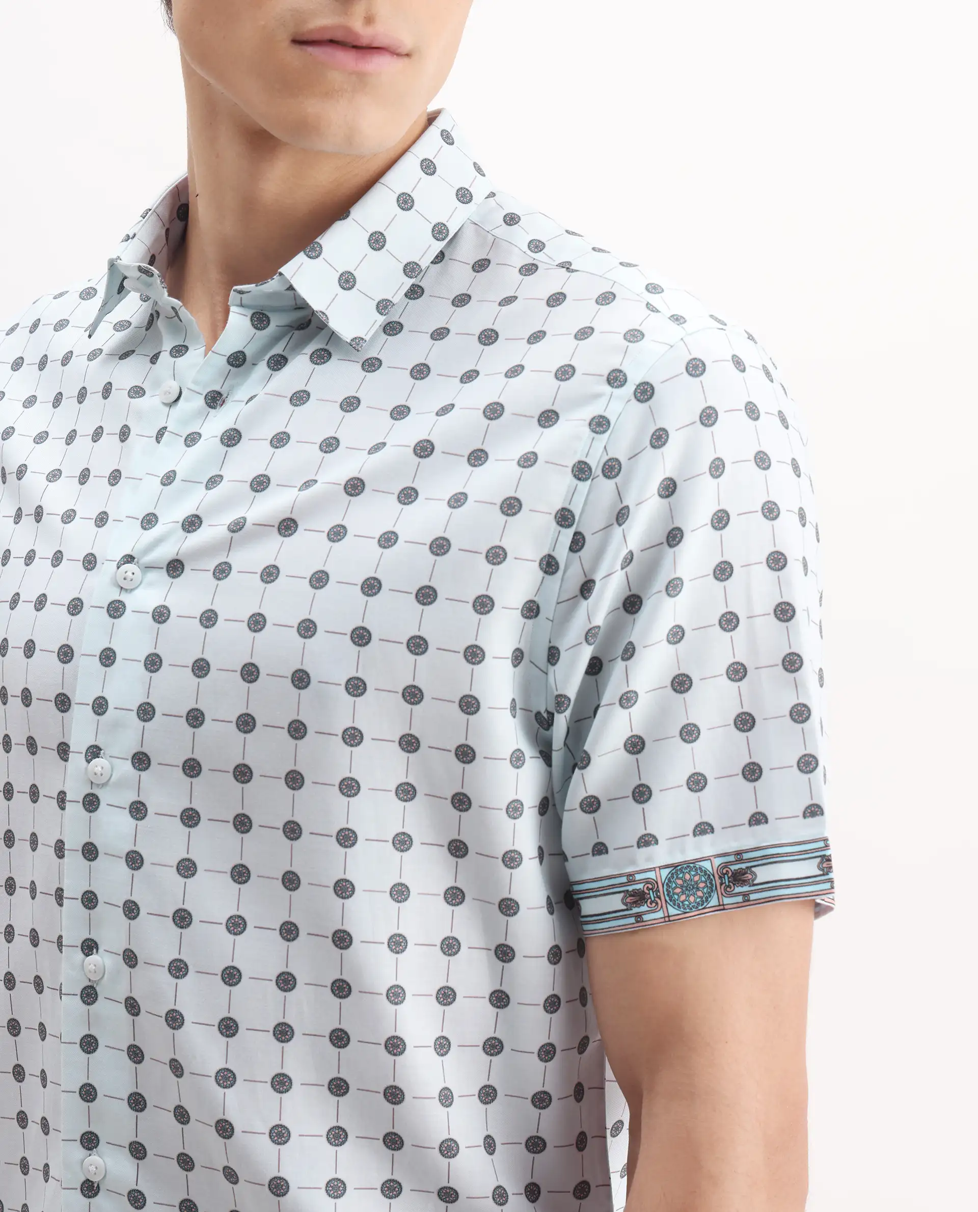 Rare Rabbit Men's Lumi Pastel Blue Cotton Blend Geometric Print Regular Fit Half Sleeve Collared Shirt - Image 3