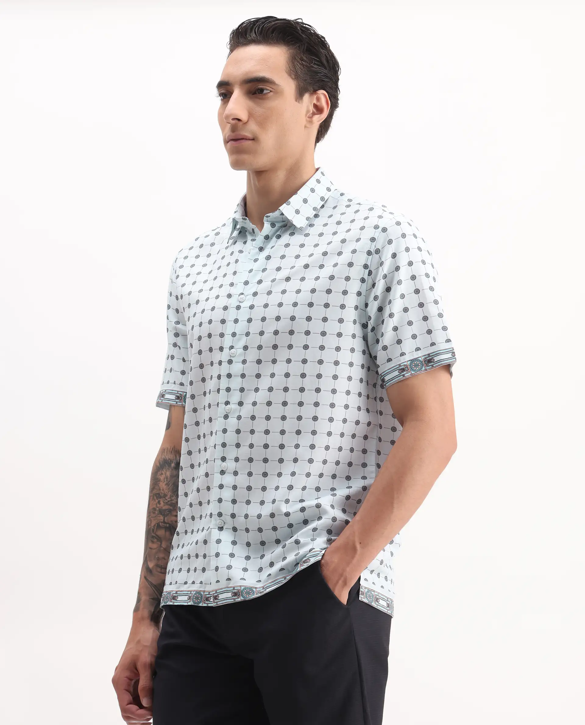 Rare Rabbit Men's Lumi Pastel Blue Cotton Blend Geometric Print Regular Fit Half Sleeve Collared Shirt - Image 4