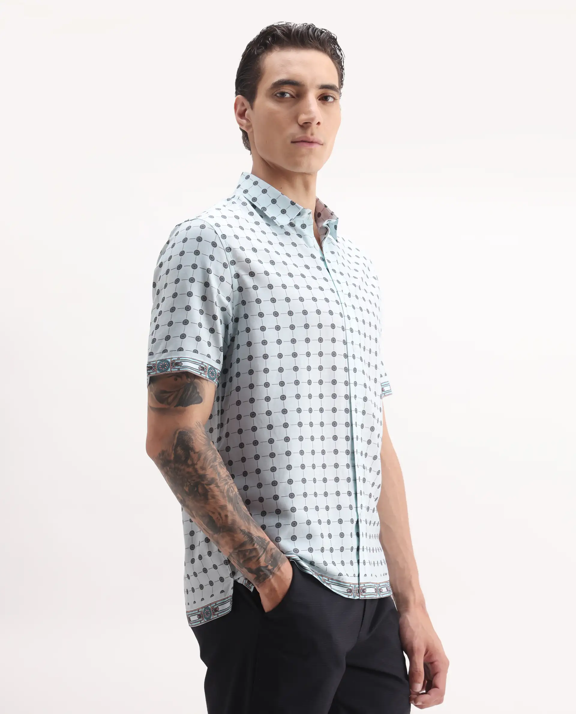 Rare Rabbit Men's Lumi Pastel Blue Cotton Blend Geometric Print Regular Fit Half Sleeve Collared Shirt - Image 5
