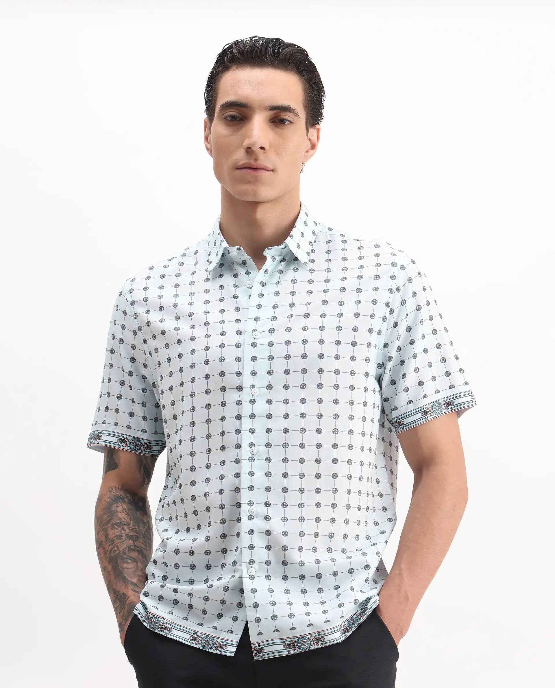 Rare Rabbit Men's Lumi Pastel Blue Cotton Blend Geometric Print Regular Fit Half Sleeve Collared Shirt - Image 6