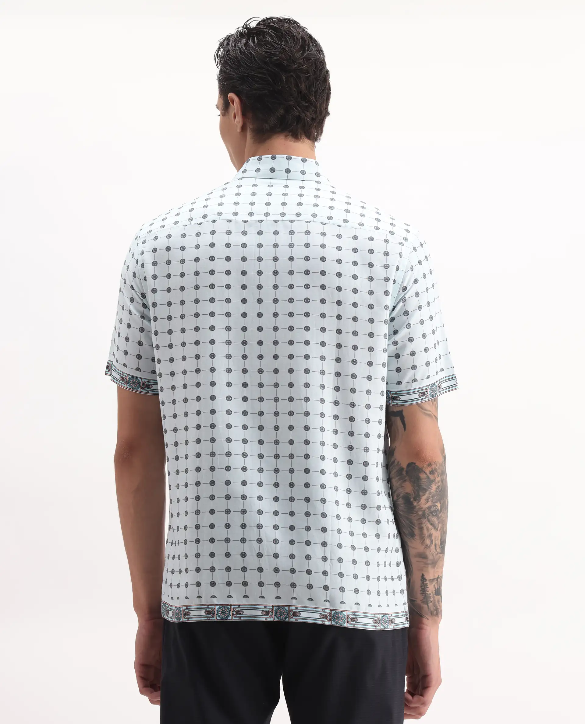 Rare Rabbit Men's Lumi Pastel Blue Cotton Blend Geometric Print Regular Fit Half Sleeve Collared Shirt - Image 7