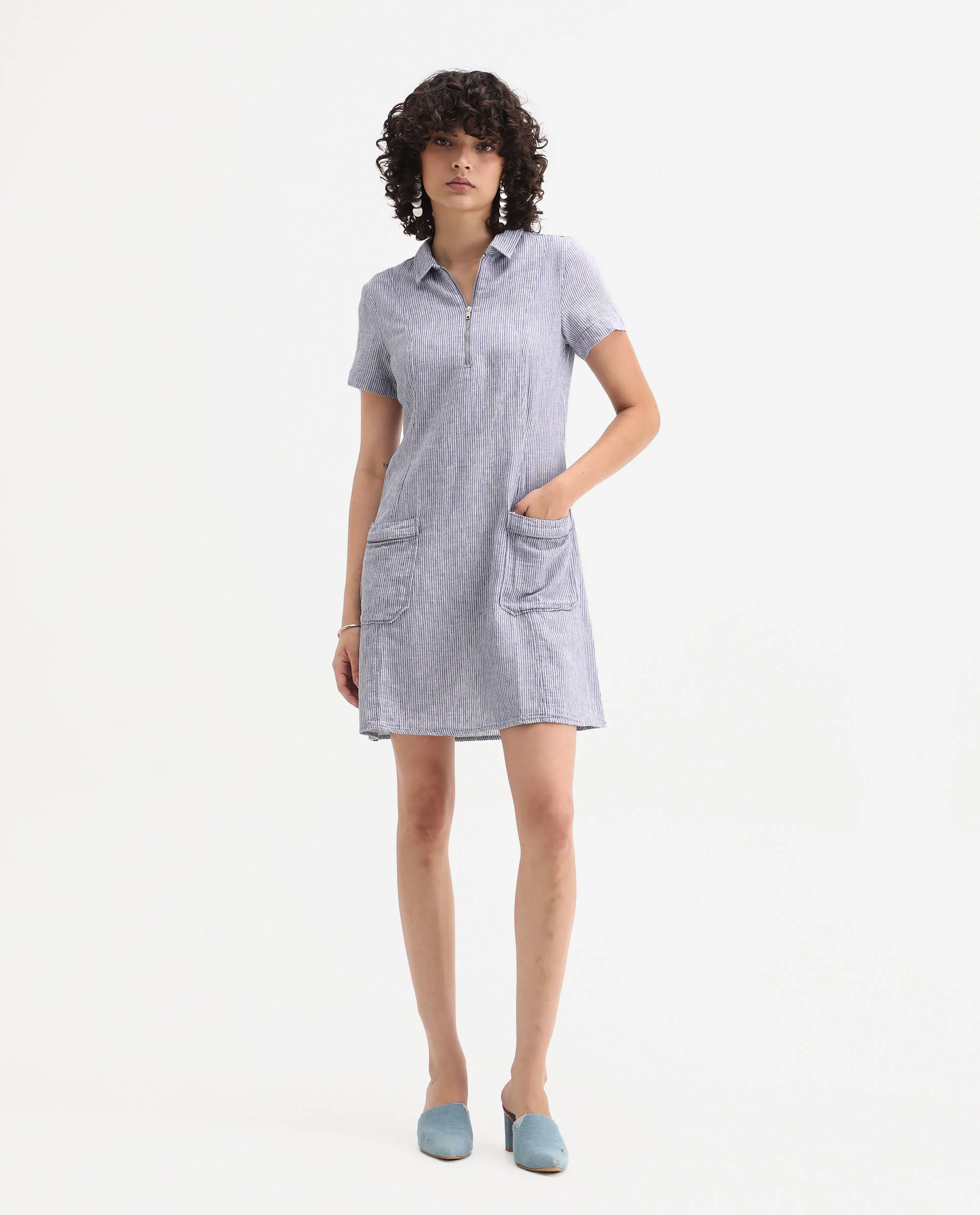 Rareism Women's Luna Blue Linen Spread Collar Striped Knee Length Regular Fit Dress - Image 3
