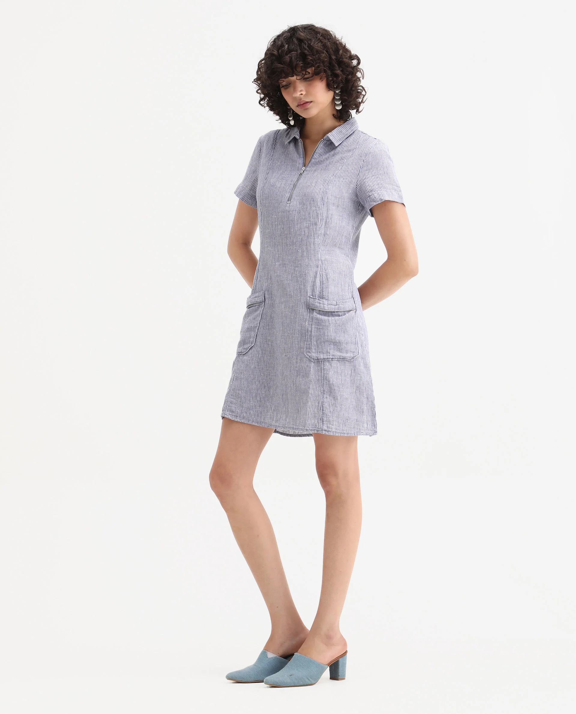 Rareism Women's Luna Blue Linen Spread Collar Striped Knee Length Regular Fit Dress - Image 4