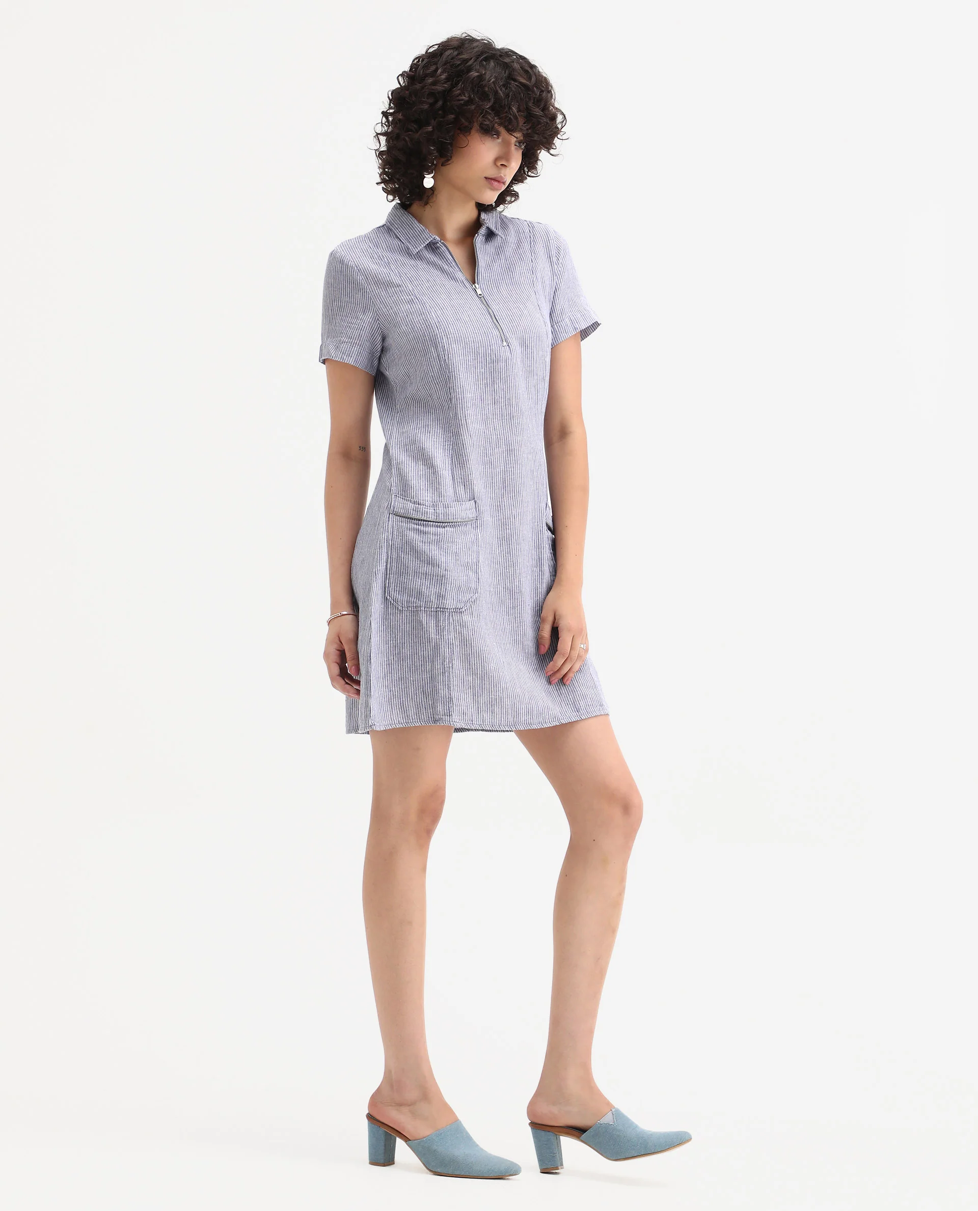 Rareism Women's Luna Blue Linen Spread Collar Striped Knee Length Regular Fit Dress - Image 5