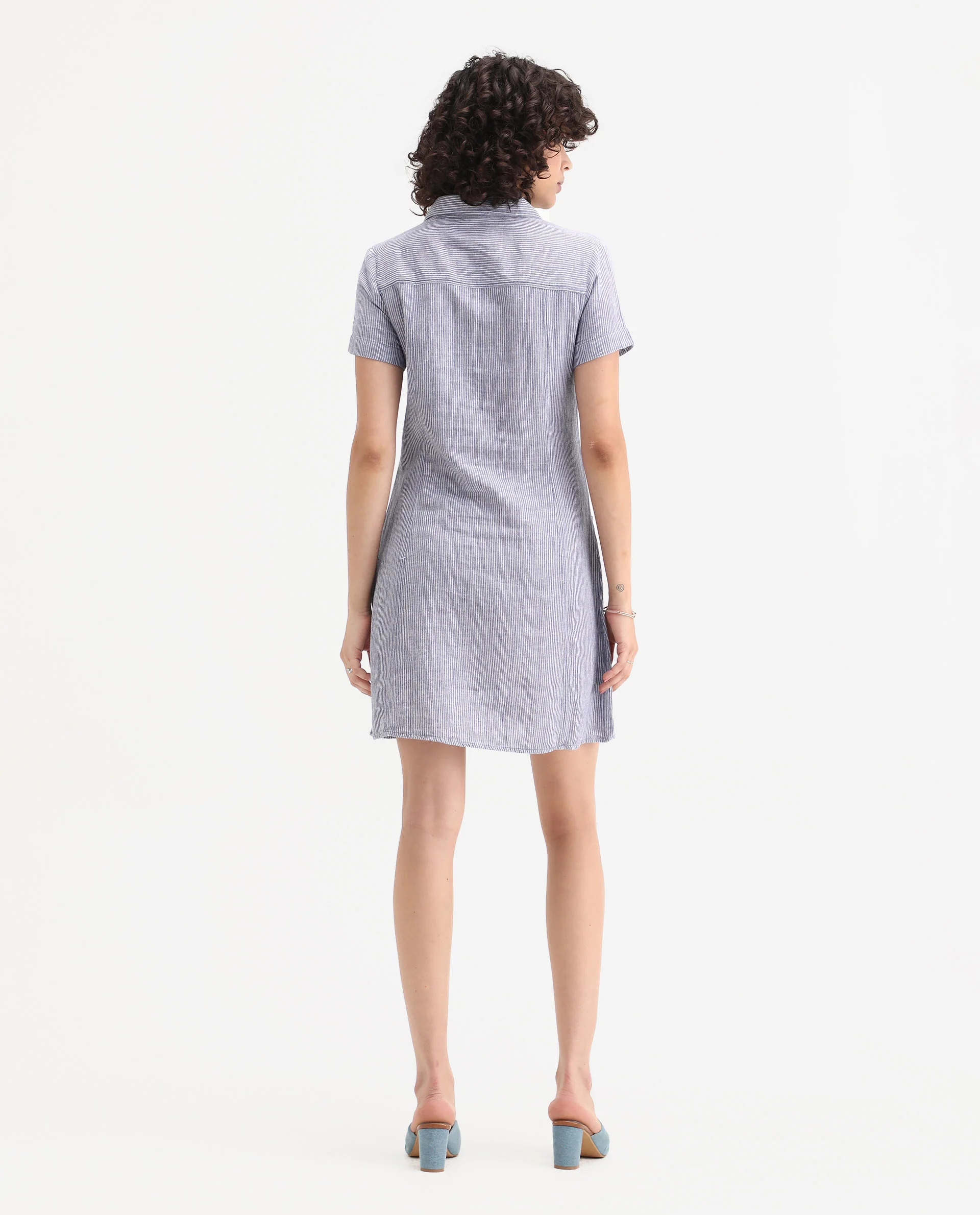 Rareism Women's Luna Blue Linen Spread Collar Striped Knee Length Regular Fit Dress - Image 6