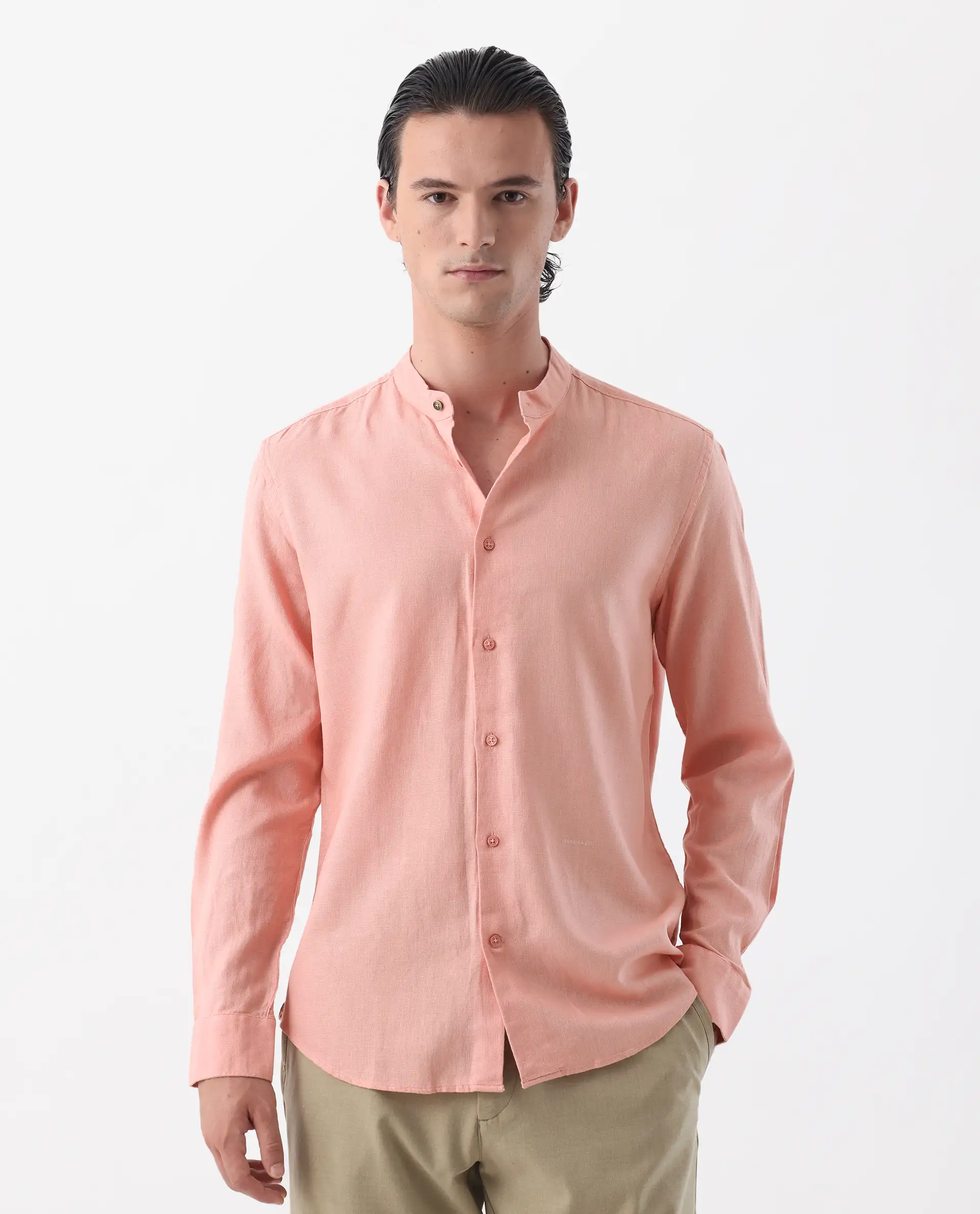 Rare Rabbit Men's Lune Ss Light Red 100% Linen Plain Regular Fit Full Sleeve Mandarin Collar Shirt