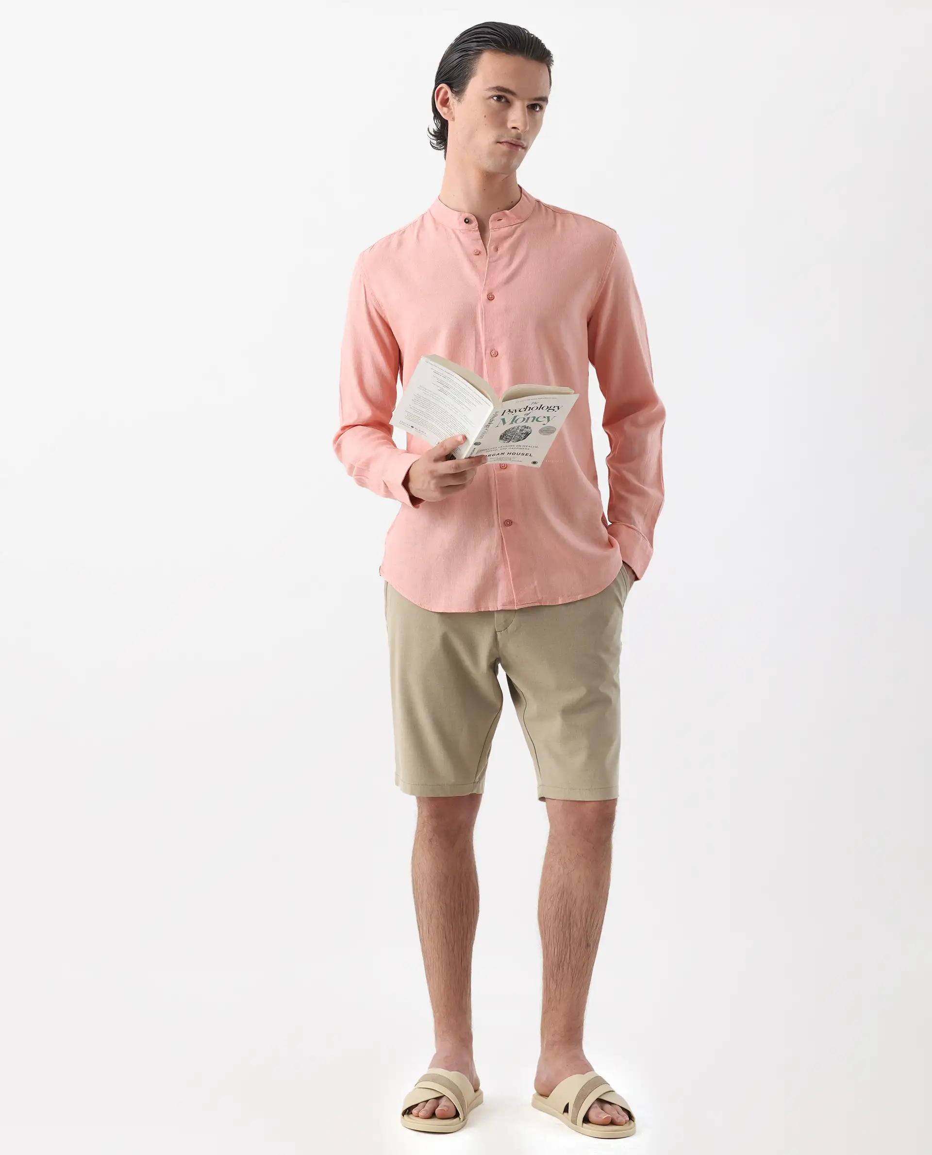 Rare Rabbit Men's Lune Ss Light Red 100% Linen Plain Regular Fit Full Sleeve Mandarin Collar Shirt - Image 2