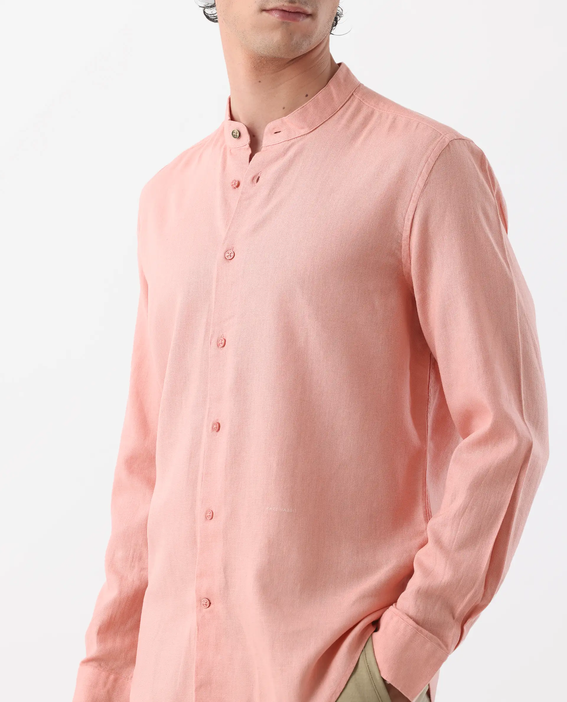Rare Rabbit Men's Lune Ss Light Red 100% Linen Plain Regular Fit Full Sleeve Mandarin Collar Shirt - Image 3