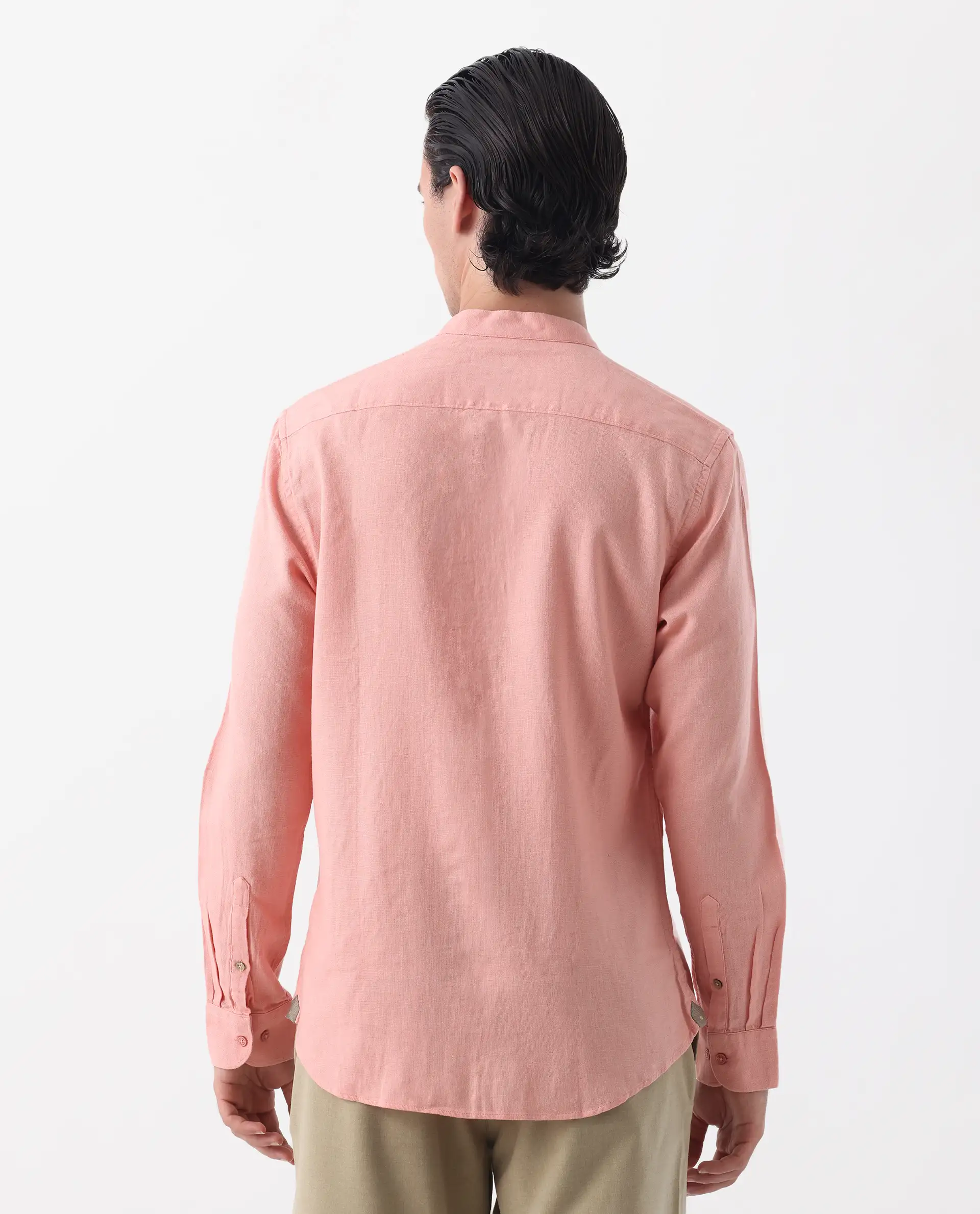 Rare Rabbit Men's Lune Ss Light Red 100% Linen Plain Regular Fit Full Sleeve Mandarin Collar Shirt - Image 4