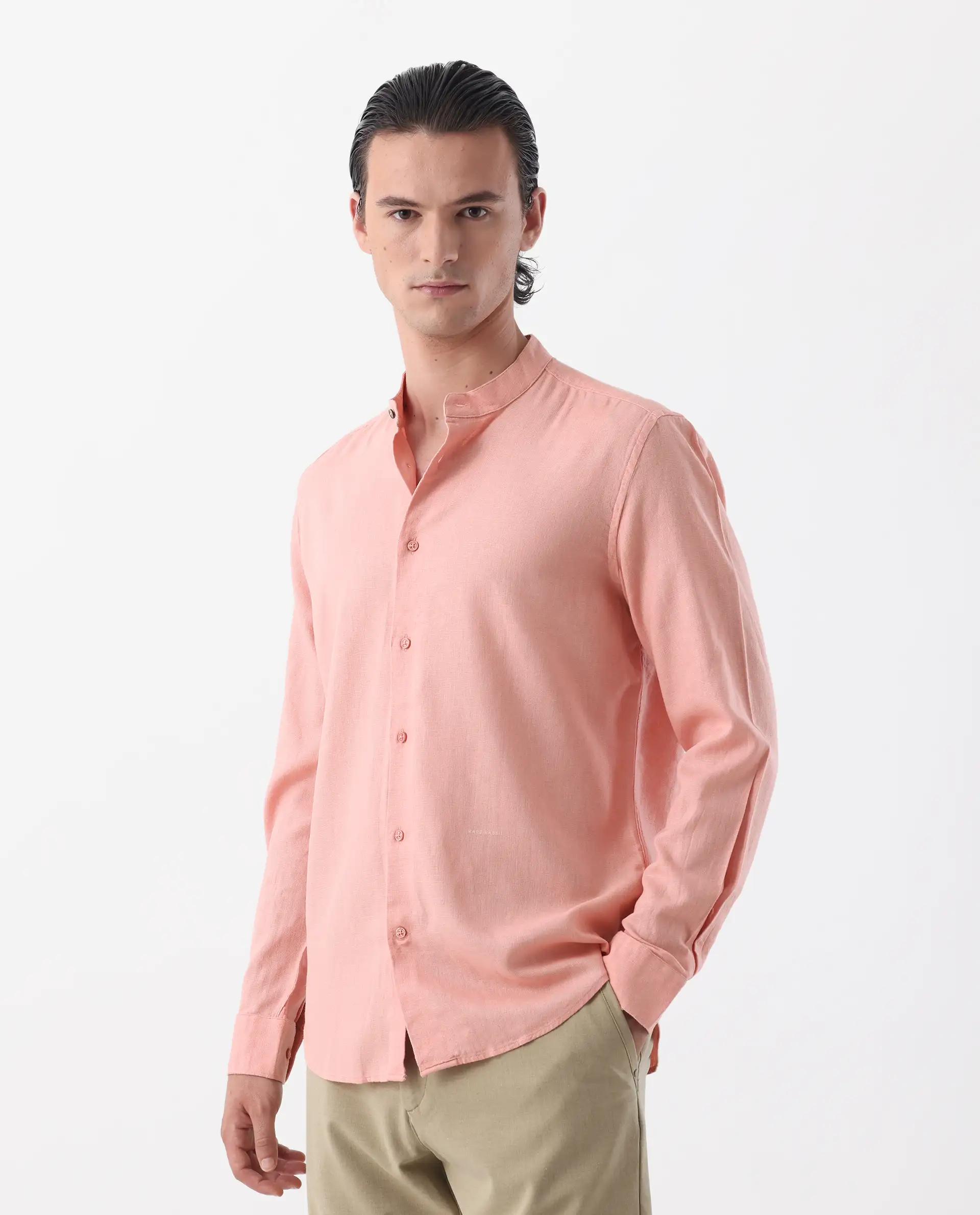 Rare Rabbit Men's Lune Ss Light Red 100% Linen Plain Regular Fit Full Sleeve Mandarin Collar Shirt - Image 5
