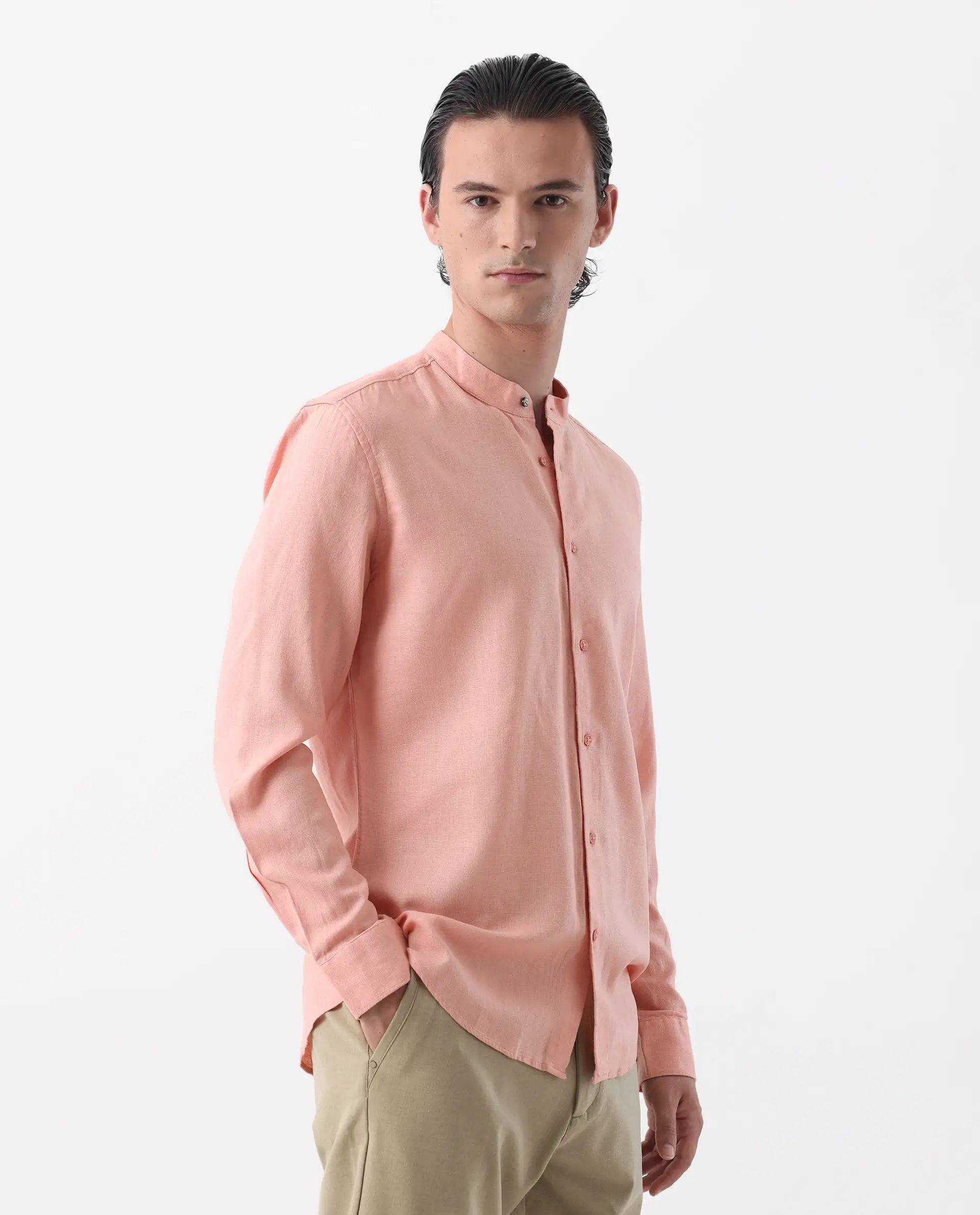 Rare Rabbit Men's Lune Ss Light Red 100% Linen Plain Regular Fit Full Sleeve Mandarin Collar Shirt - Image 6