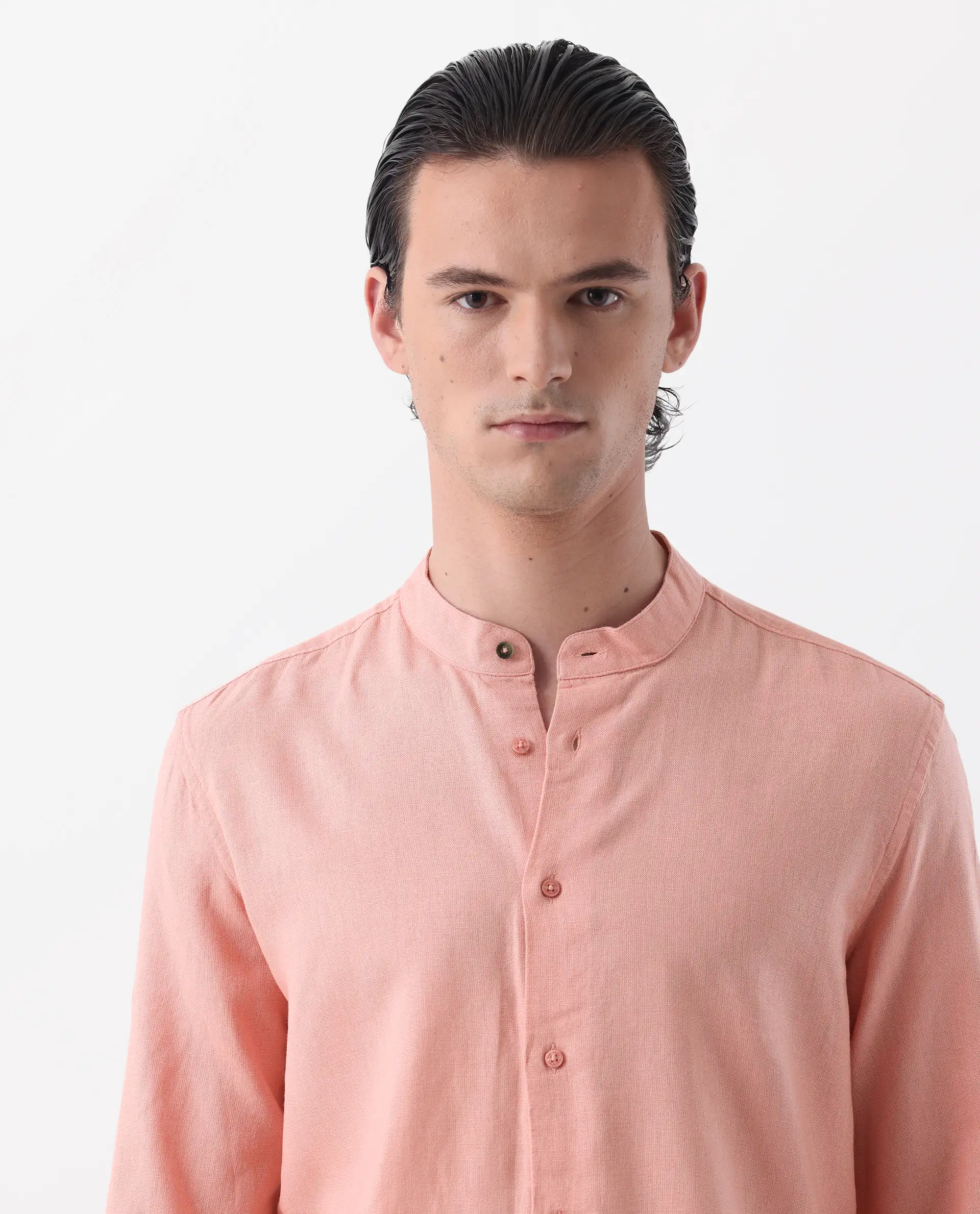 Rare Rabbit Men's Lune Ss Light Red 100% Linen Plain Regular Fit Full Sleeve Mandarin Collar Shirt - Image 7