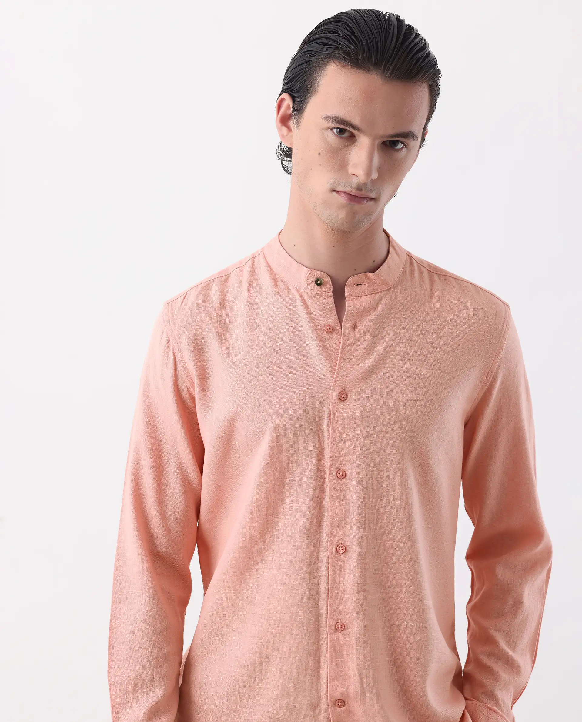 Rare Rabbit Men's Lune Ss Light Red 100% Linen Plain Regular Fit Full Sleeve Mandarin Collar Shirt - Image 8