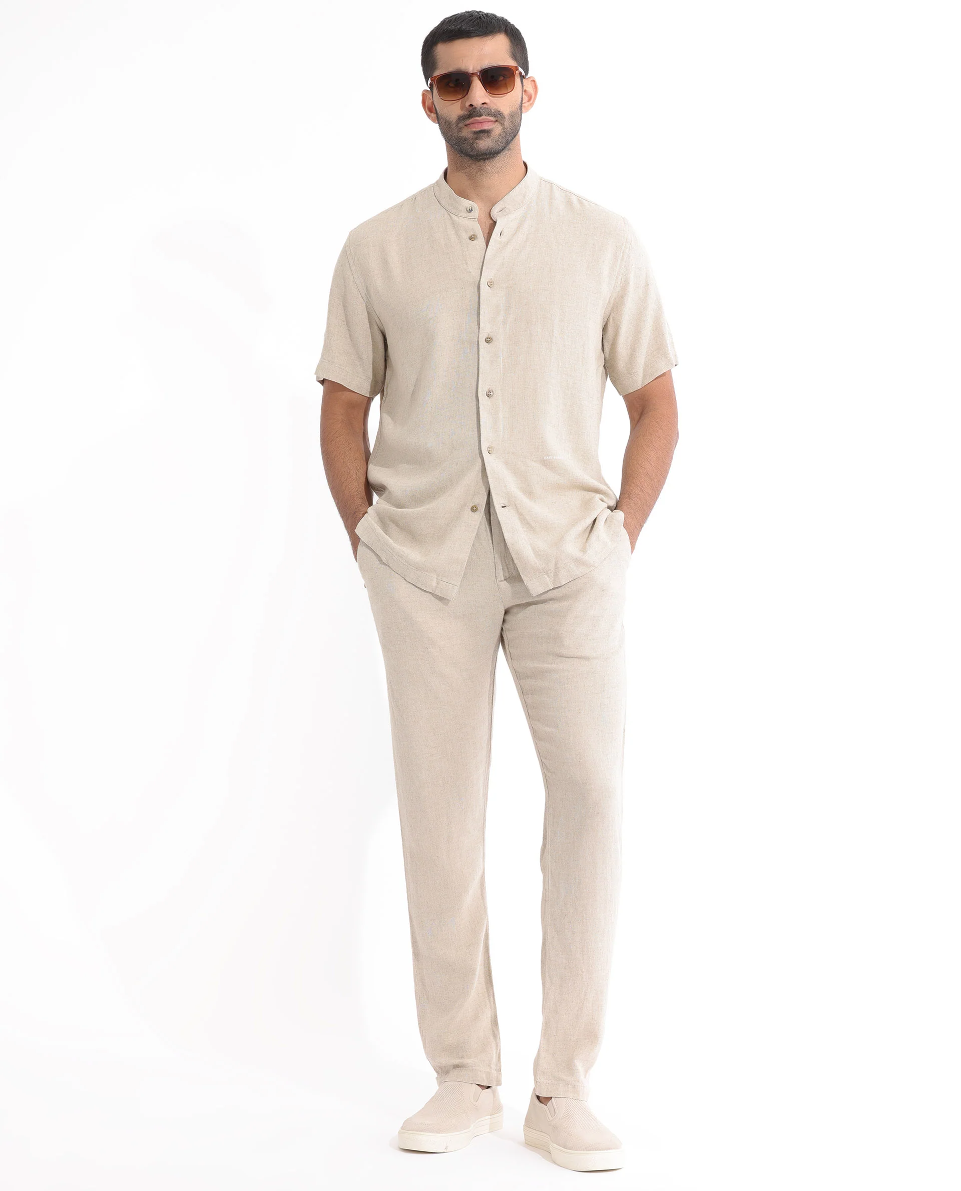 Rare Rabbit Men's Lune Ss Beige Linen Plain Regular Fit Half Sleeve Mandarin Collar Shirt - Image 2