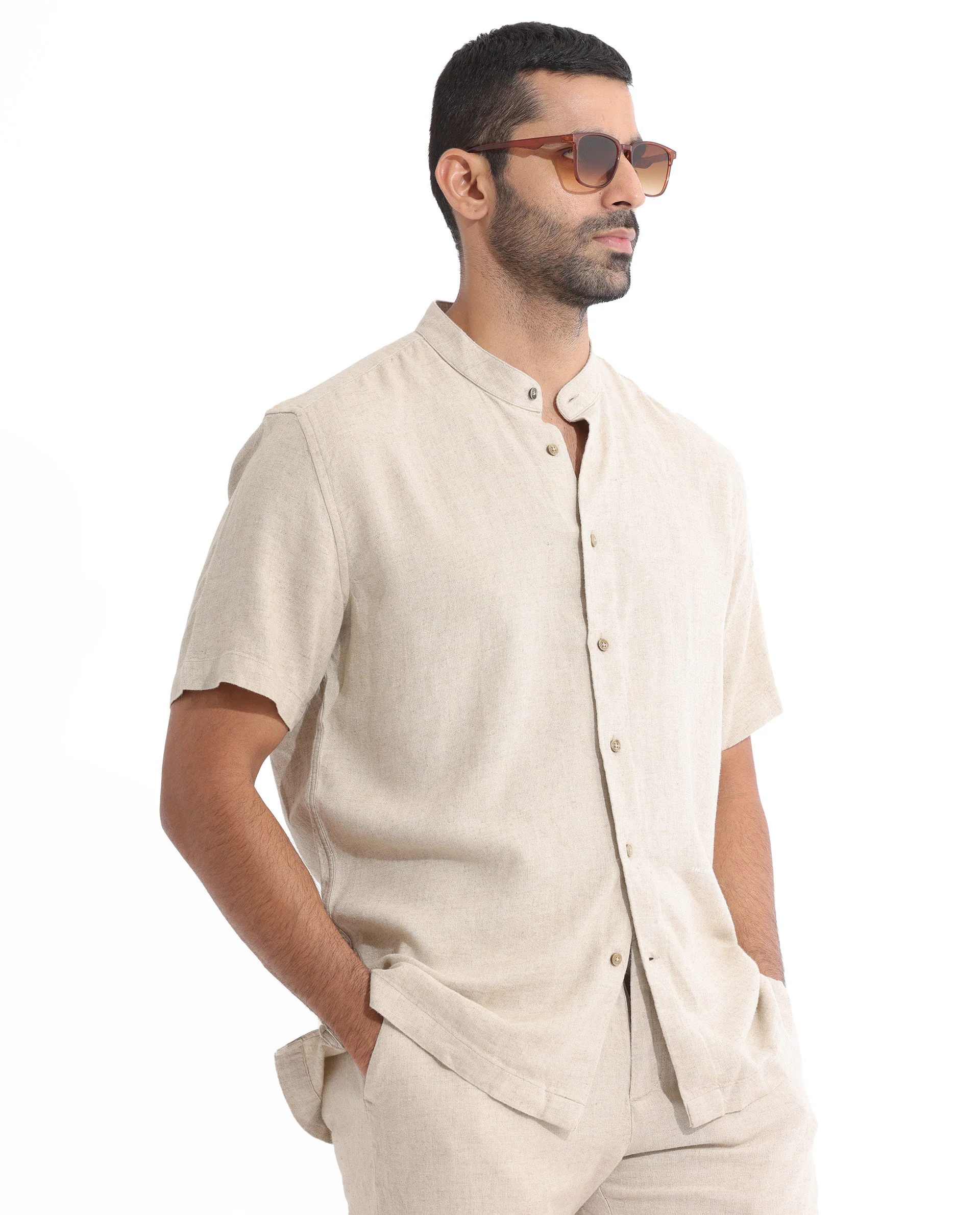 Rare Rabbit Men's Lune Ss Beige Linen Plain Regular Fit Half Sleeve Mandarin Collar Shirt - Image 3