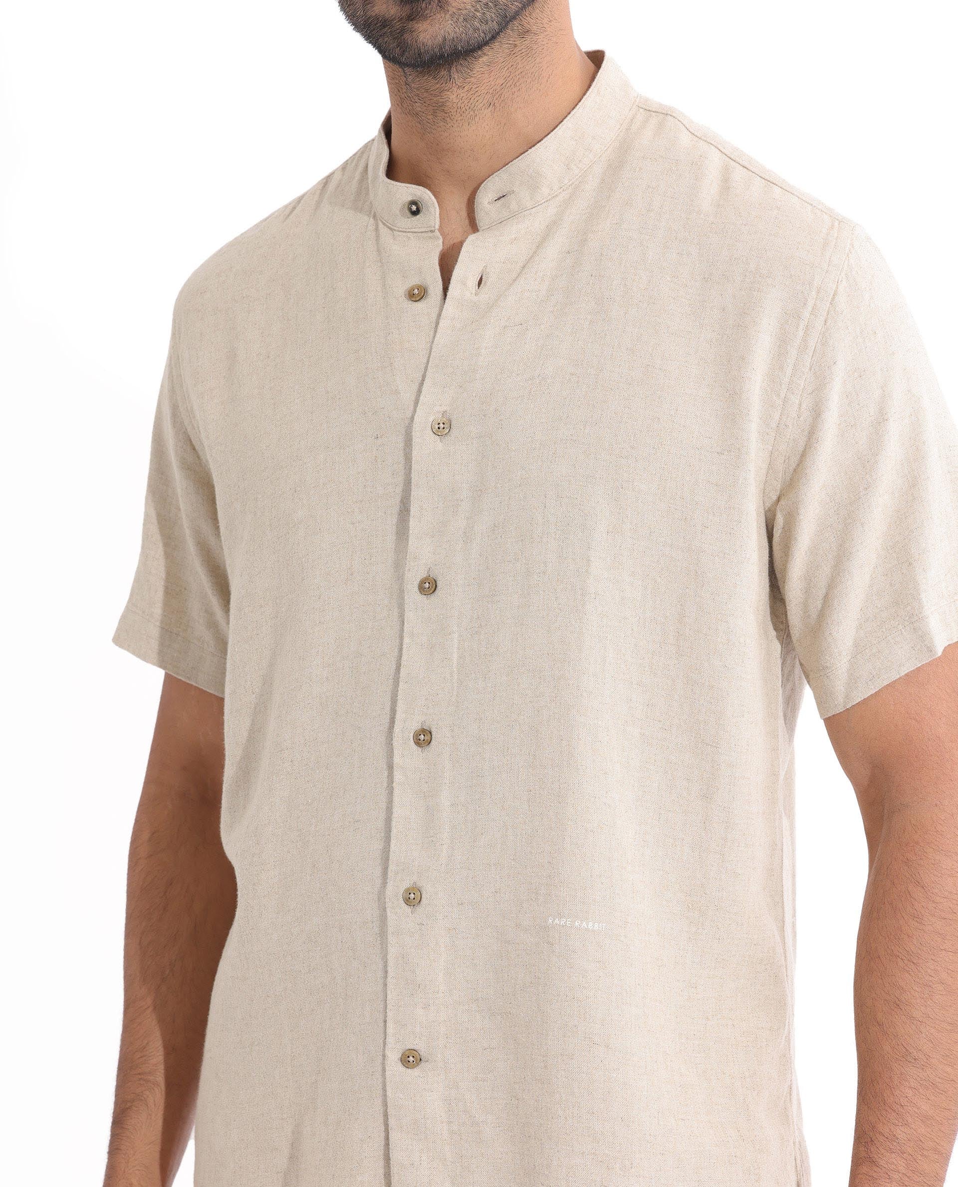 Rare Rabbit Men's Lune Ss Beige Linen Plain Regular Fit Half Sleeve Mandarin Collar Shirt - Image 5