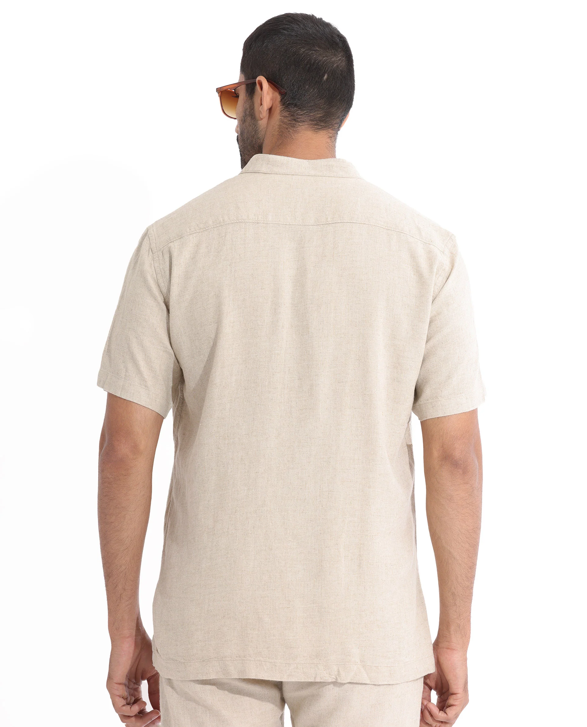 Rare Rabbit Men's Lune Ss Beige Linen Plain Regular Fit Half Sleeve Mandarin Collar Shirt - Image 6