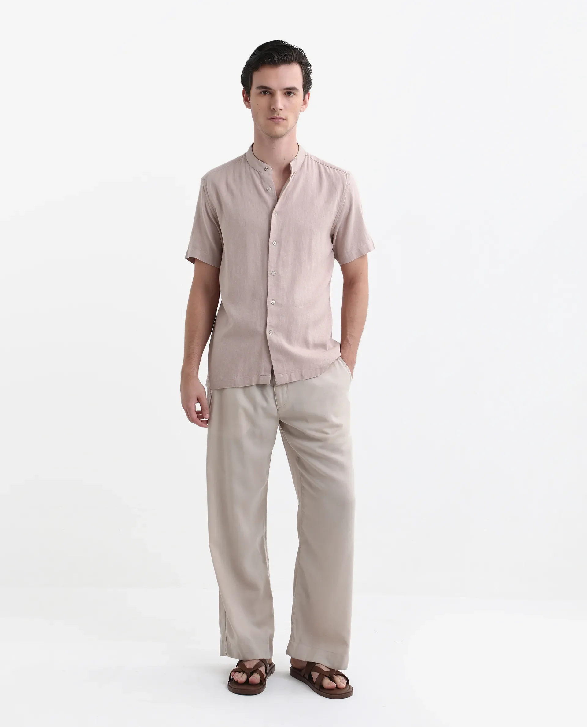 Rare Rabbit Men's Lune Ss Dusky Pink Linen Plain Regular Fit Half Sleeve Mandarin Collar Shirt - Image 2