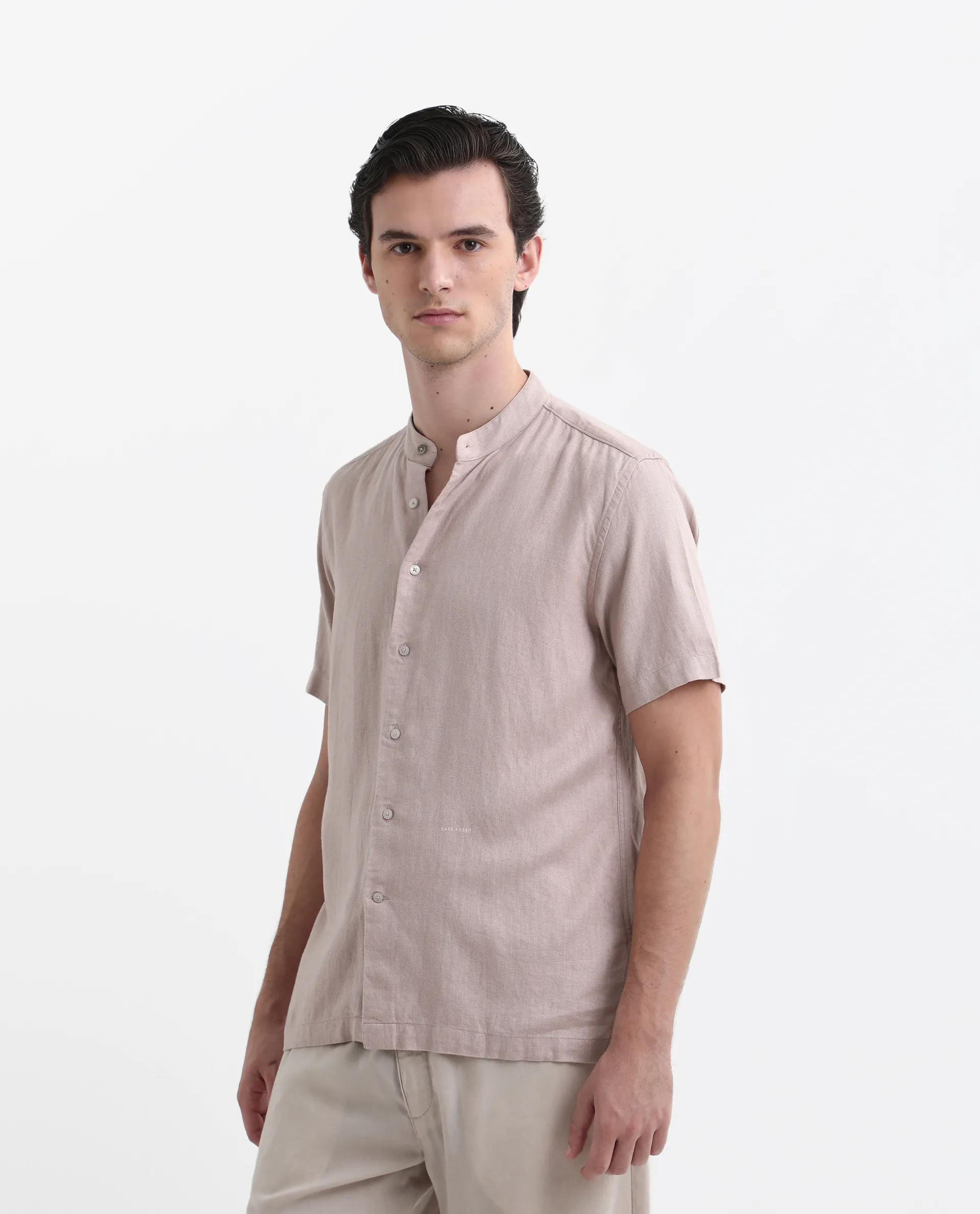 Rare Rabbit Men's Lune Ss Dusky Pink Linen Plain Regular Fit Half Sleeve Mandarin Collar Shirt - Image 4