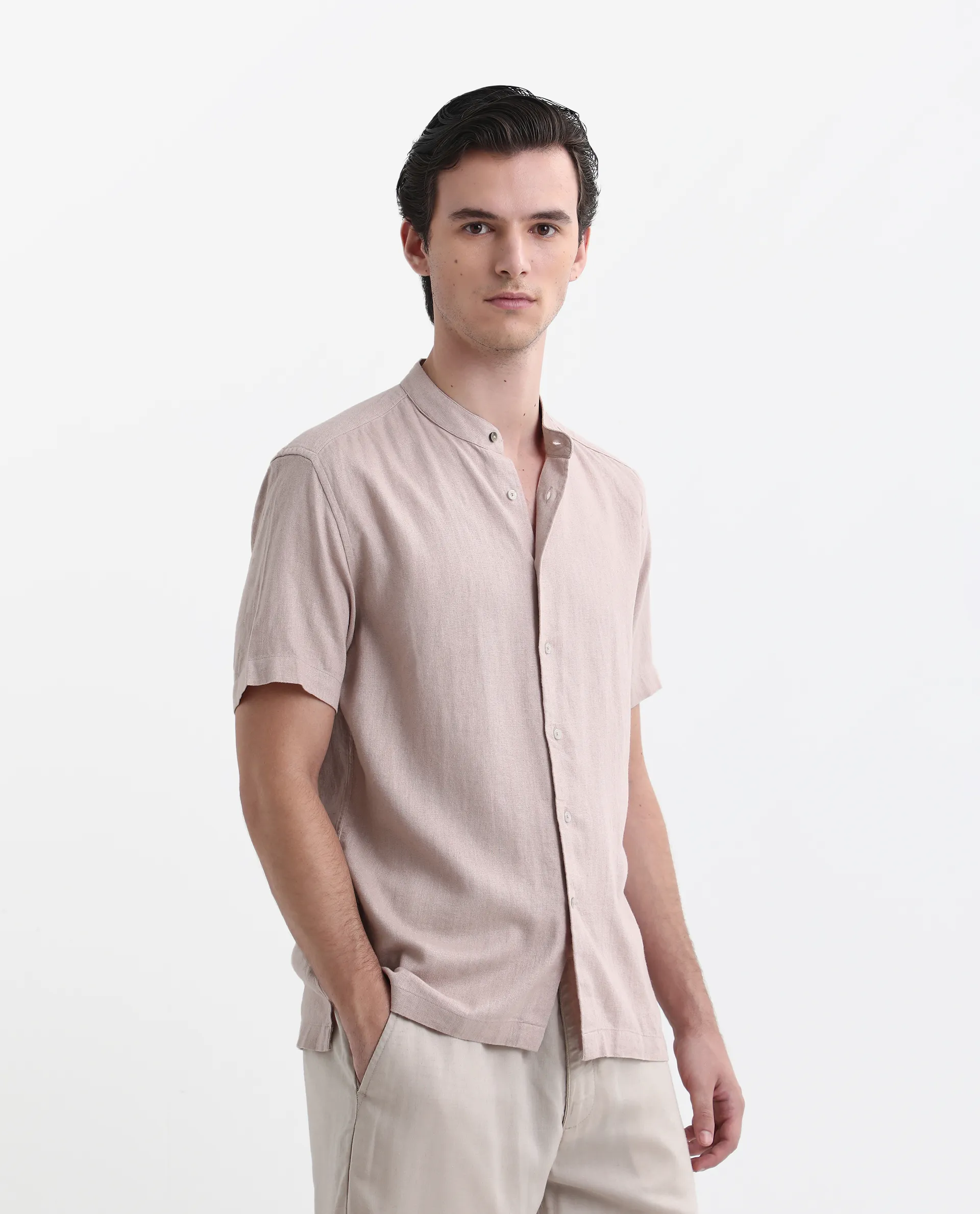 Rare Rabbit Men's Lune Ss Dusky Pink Linen Plain Regular Fit Half Sleeve Mandarin Collar Shirt - Image 5