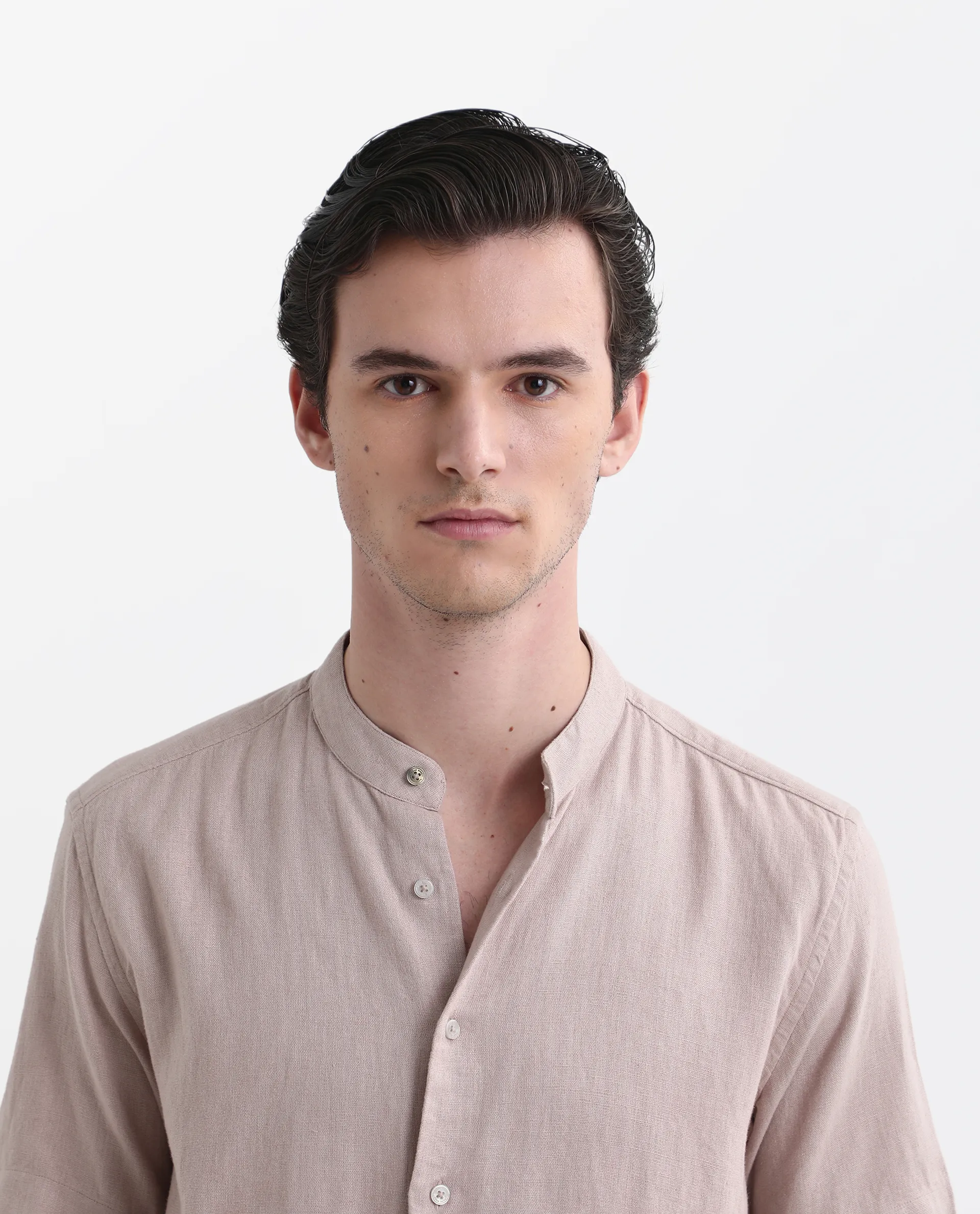 Rare Rabbit Men's Lune Ss Dusky Pink Linen Plain Regular Fit Half Sleeve Mandarin Collar Shirt - Image 6
