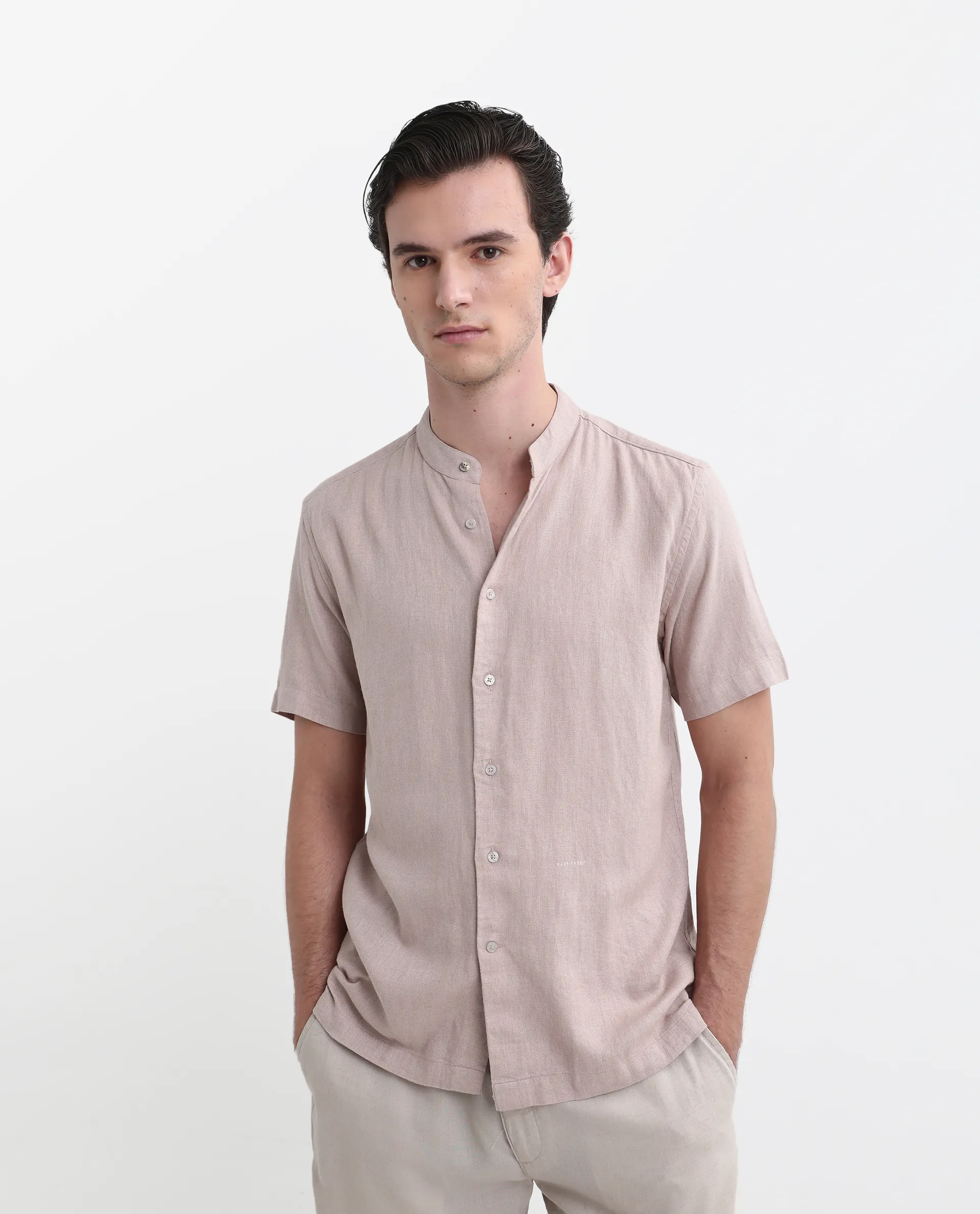Rare Rabbit Men's Lune Ss Dusky Pink Linen Plain Regular Fit Half Sleeve Mandarin Collar Shirt - Image 7