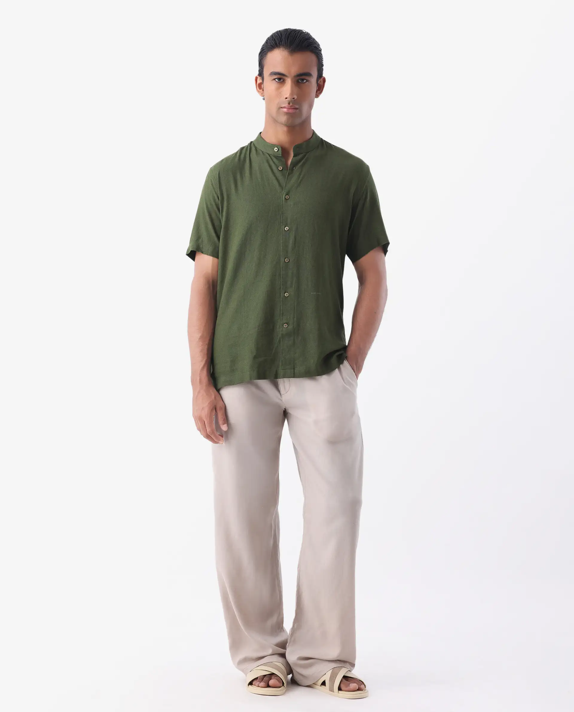 Rare Rabbit Men's Lune Ss Olive 100% Linen Plain Regular Fit Half Sleeve Mandarin Collar Shirt - Image 2