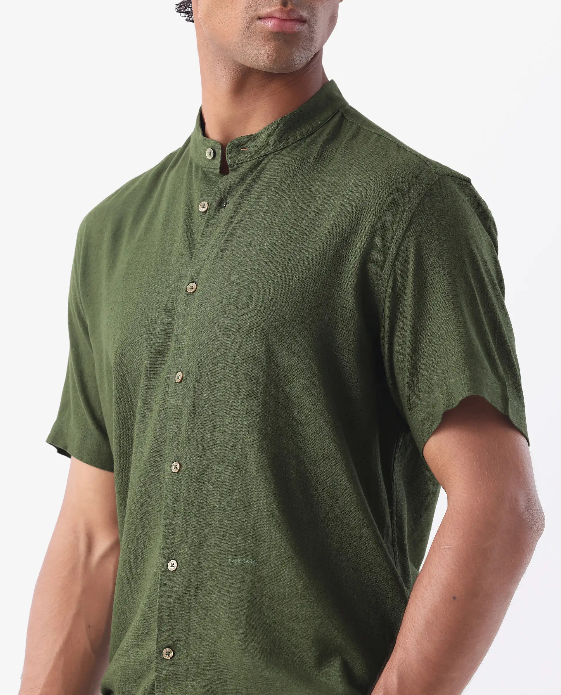 Rare Rabbit Men's Lune Ss Olive 100% Linen Plain Regular Fit Half Sleeve Mandarin Collar Shirt - Image 3