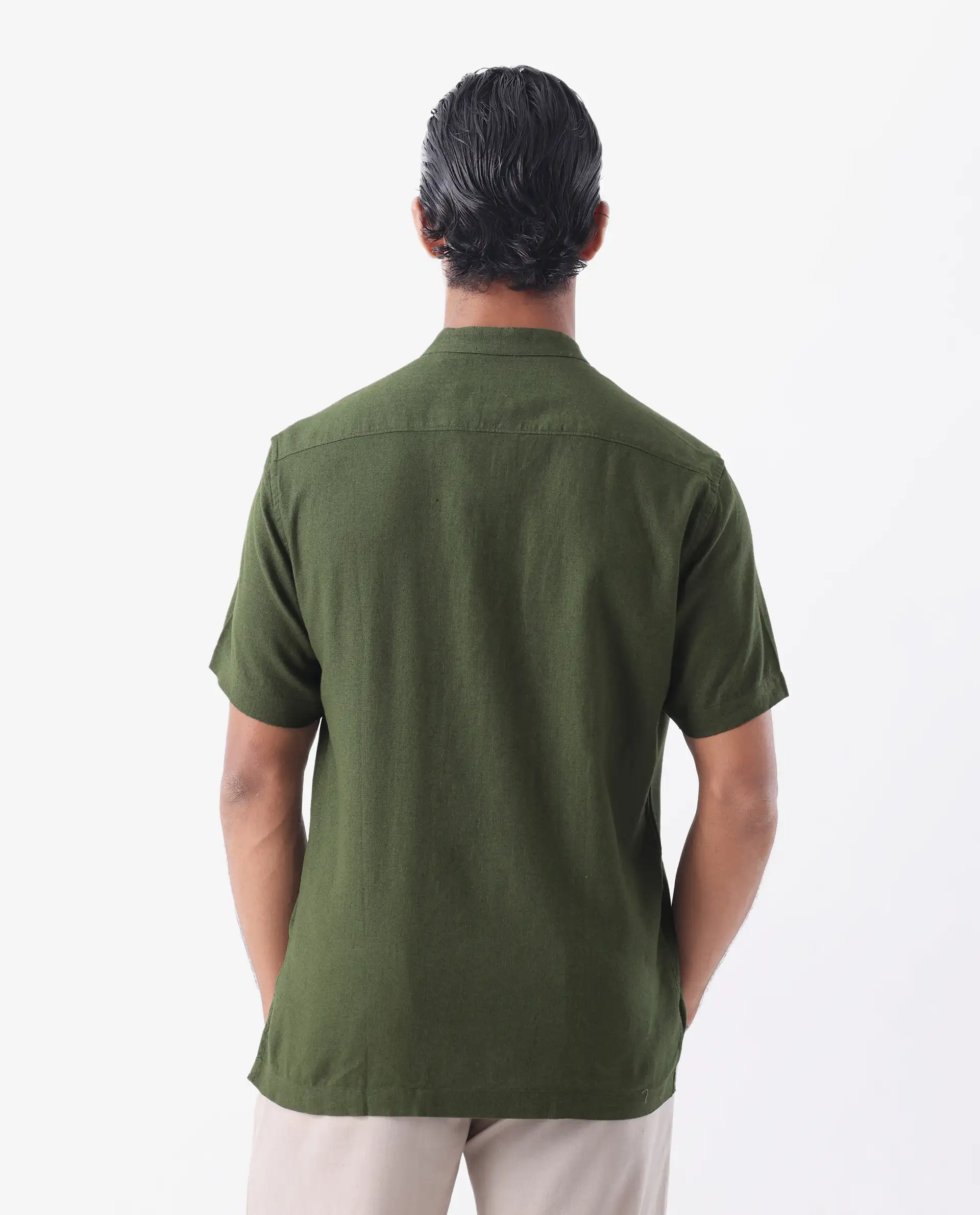 Rare Rabbit Men's Lune Ss Olive 100% Linen Plain Regular Fit Half Sleeve Mandarin Collar Shirt - Image 4