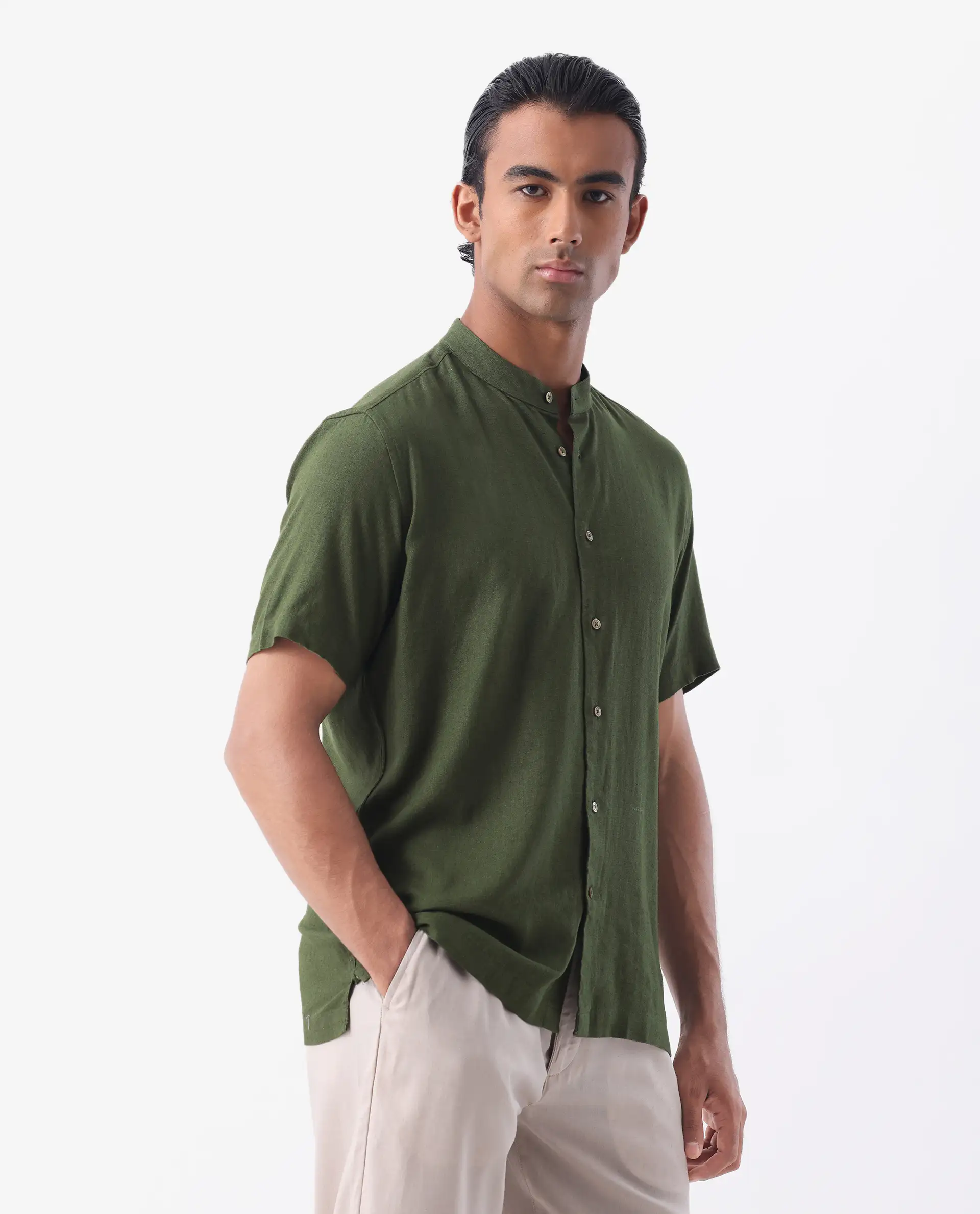 Rare Rabbit Men's Lune Ss Olive 100% Linen Plain Regular Fit Half Sleeve Mandarin Collar Shirt - Image 5