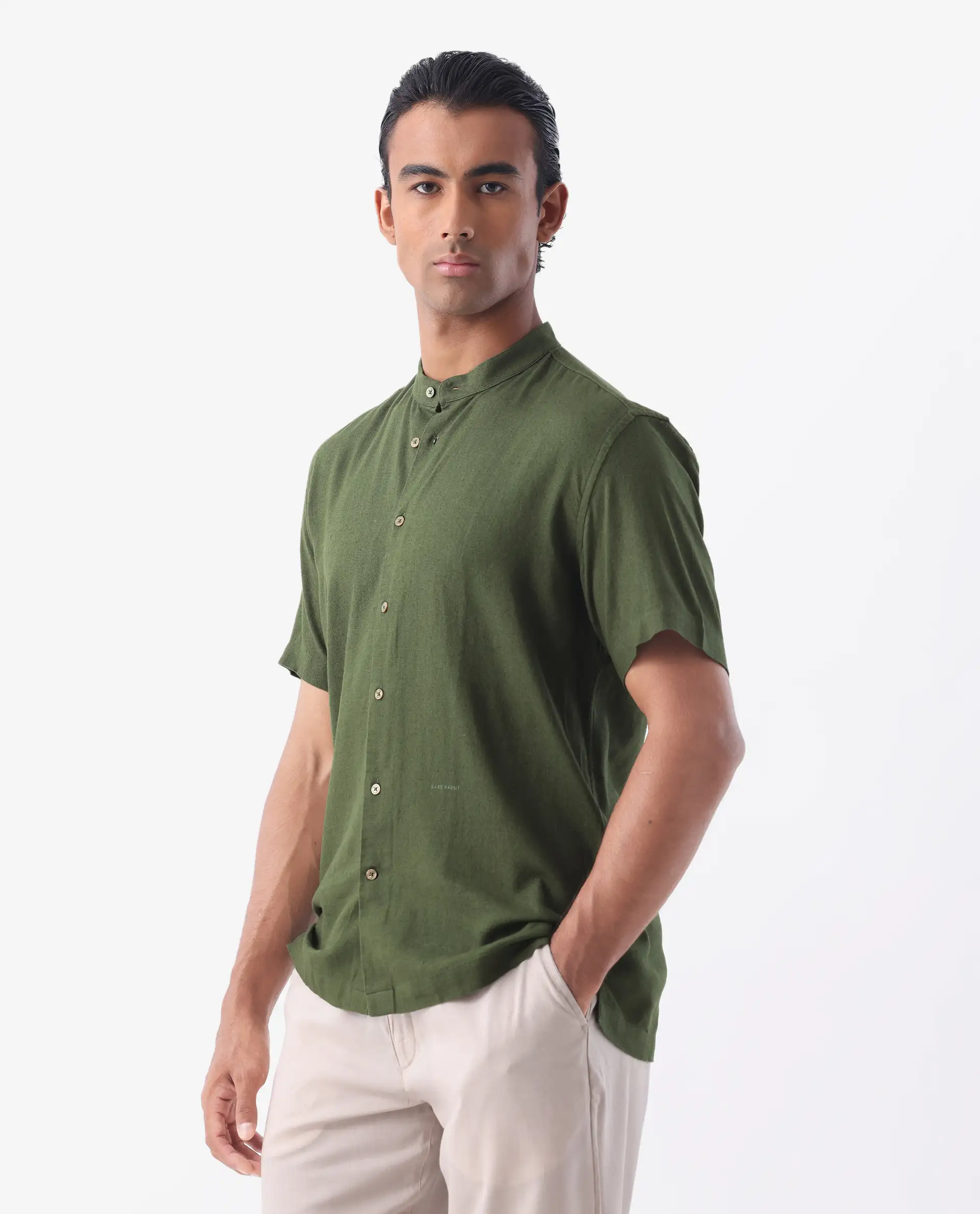 Rare Rabbit Men's Lune Ss Olive 100% Linen Plain Regular Fit Half Sleeve Mandarin Collar Shirt - Image 6