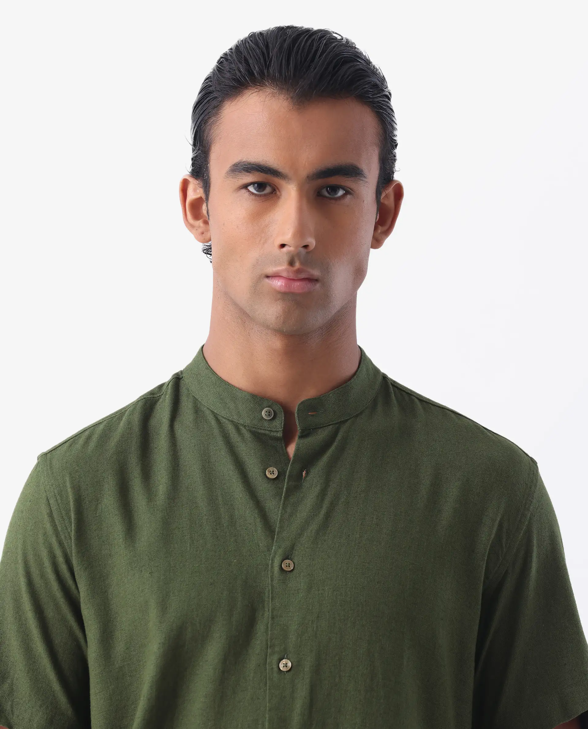 Rare Rabbit Men's Lune Ss Olive 100% Linen Plain Regular Fit Half Sleeve Mandarin Collar Shirt - Image 7