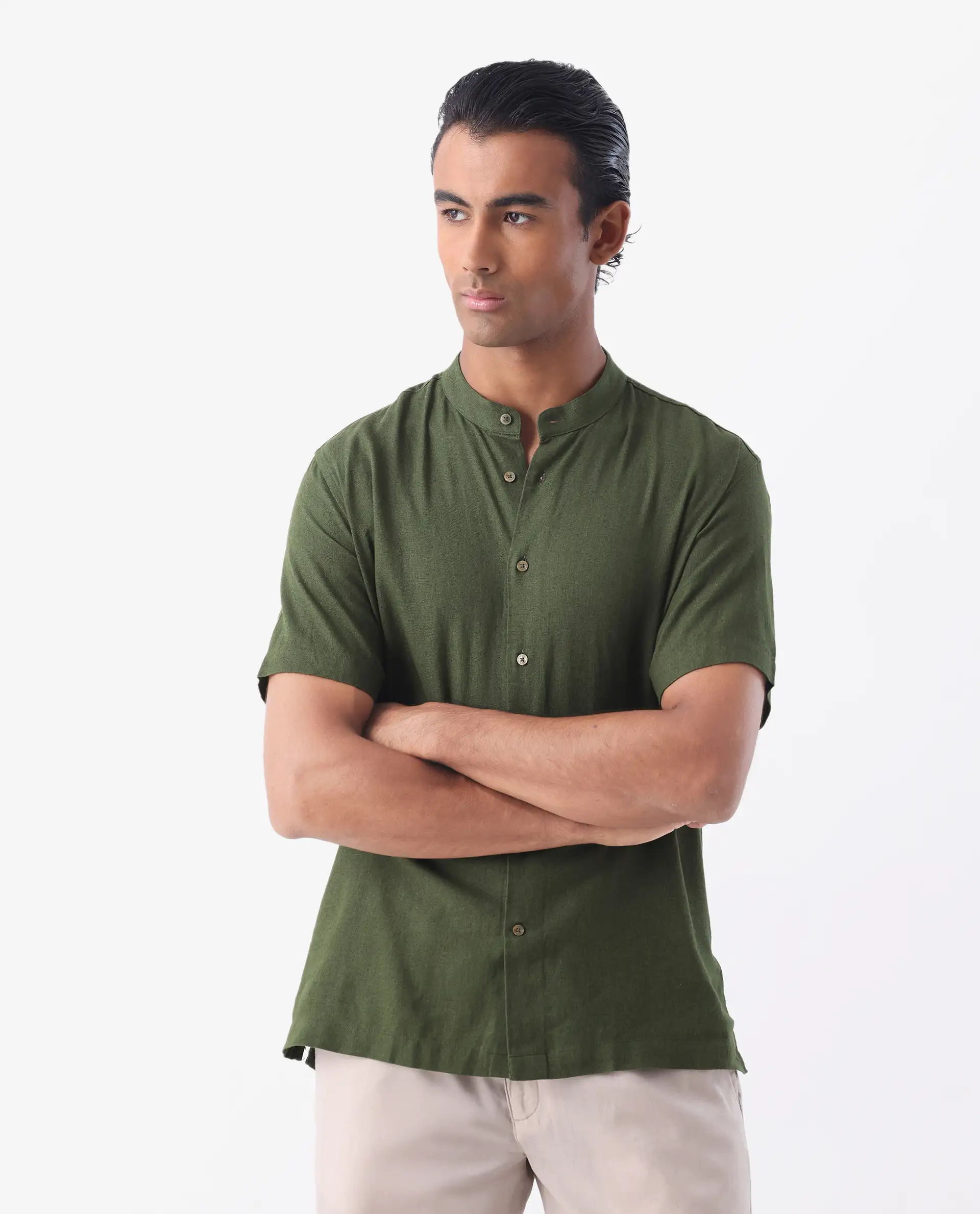 Rare Rabbit Men's Lune Ss Olive 100% Linen Plain Regular Fit Half Sleeve Mandarin Collar Shirt - Image 8