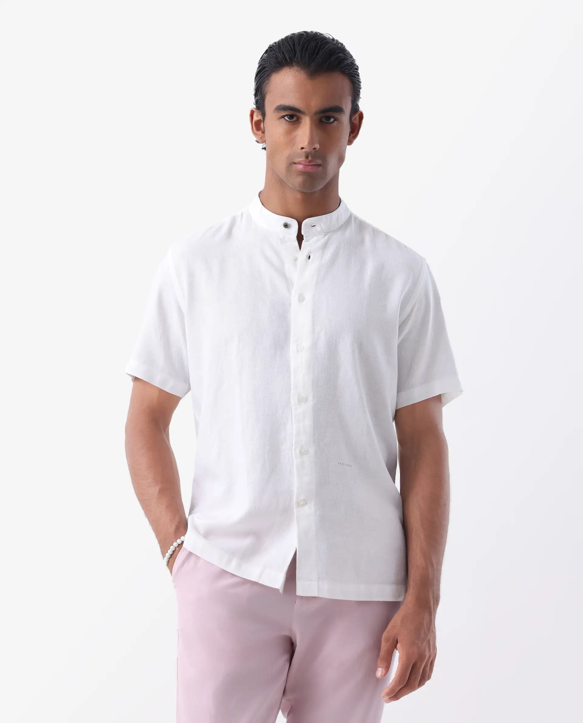 Rare Rabbit Men's Lune Ss White 100% Linen Plain Regular Fit Half Sleeve Mandarin Collar Shirt - Image 2
