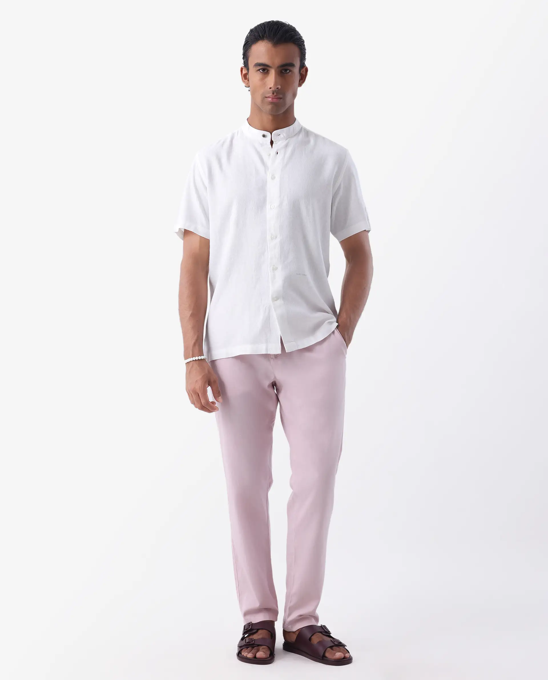 Rare Rabbit Men's Lune Ss White 100% Linen Plain Regular Fit Half Sleeve Mandarin Collar Shirt - Image 3