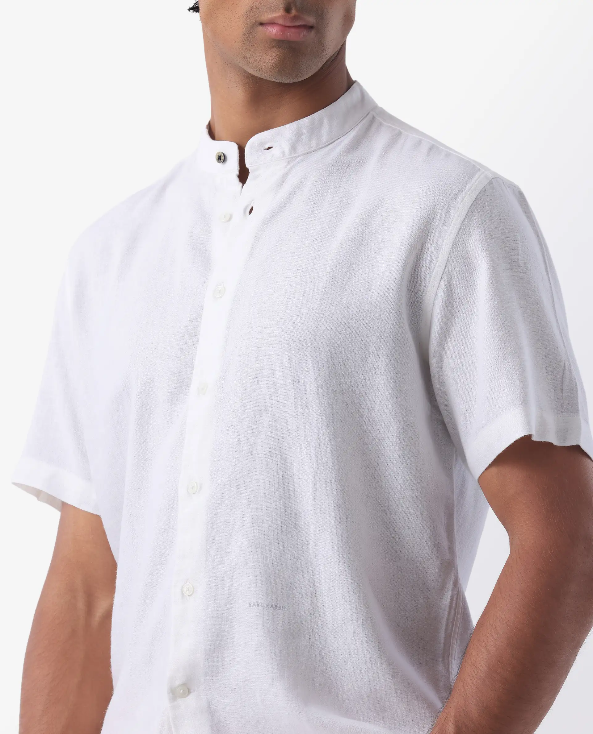 Rare Rabbit Men's Lune Ss White 100% Linen Plain Regular Fit Half Sleeve Mandarin Collar Shirt - Image 4