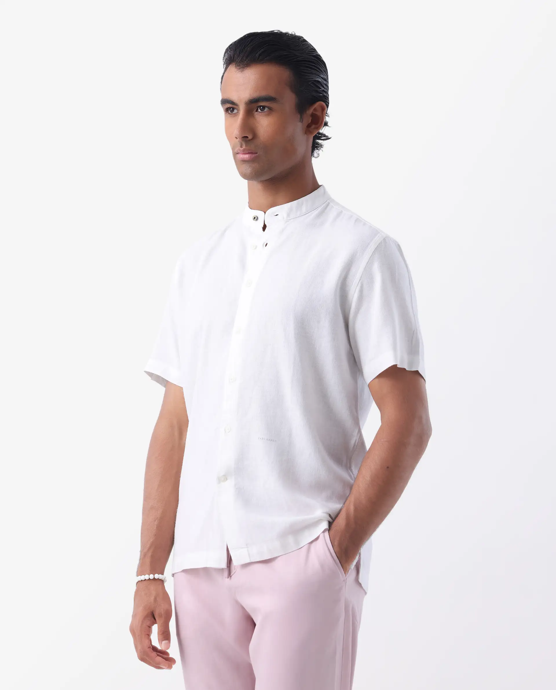 Rare Rabbit Men's Lune Ss White 100% Linen Plain Regular Fit Half Sleeve Mandarin Collar Shirt - Image 6