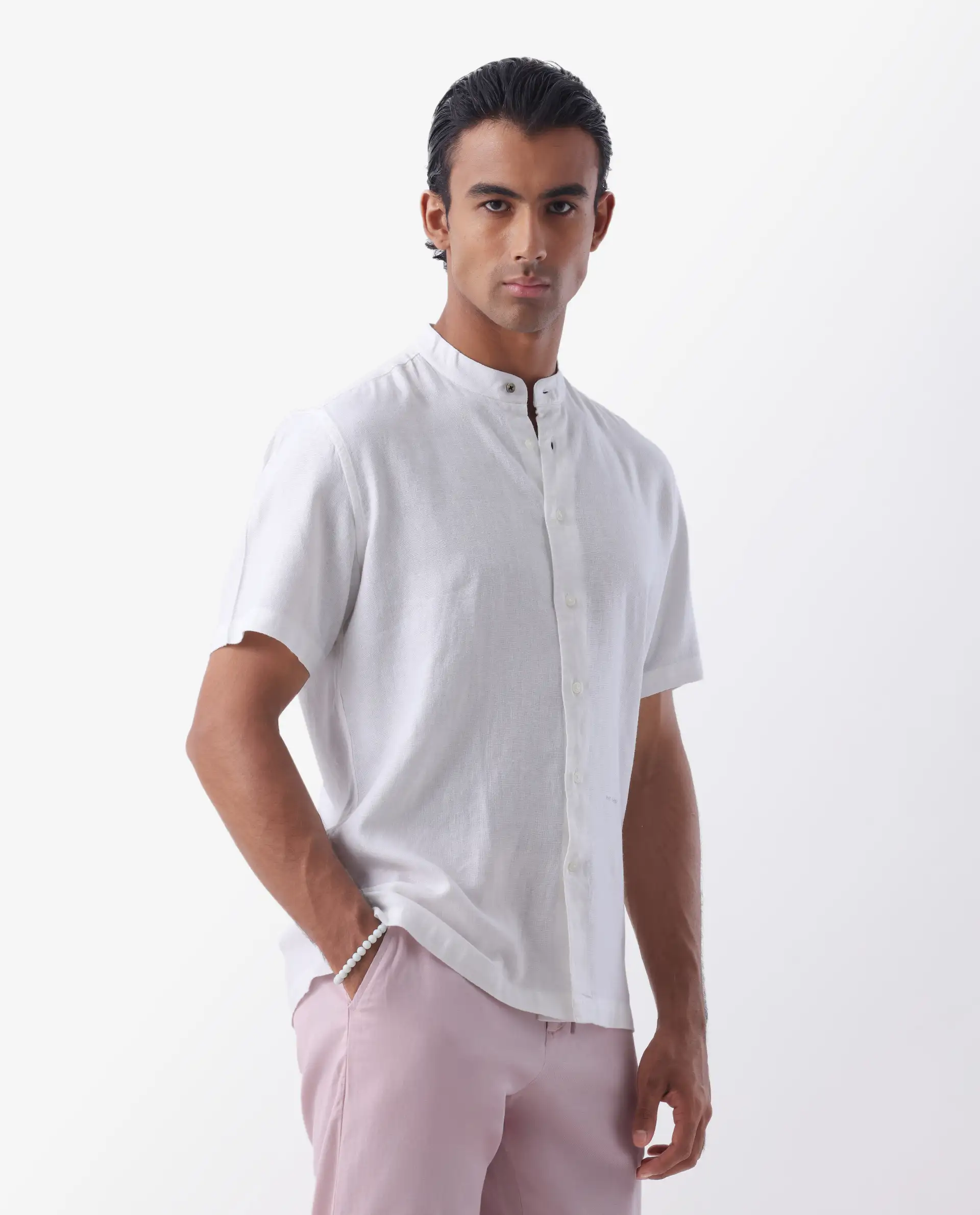 Rare Rabbit Men's Lune Ss White 100% Linen Plain Regular Fit Half Sleeve Mandarin Collar Shirt - Image 7